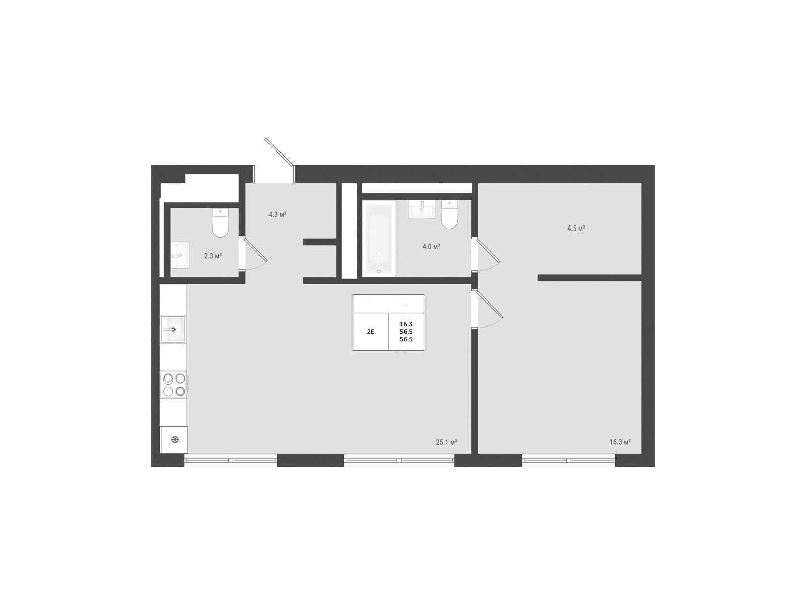 Планировка: 2-комн. квартира 56.50 м² в новостройке Яковлево