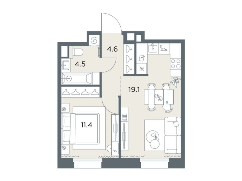 Планировка: 1-комн. квартира 39.60 м² в новостройке Станиславский