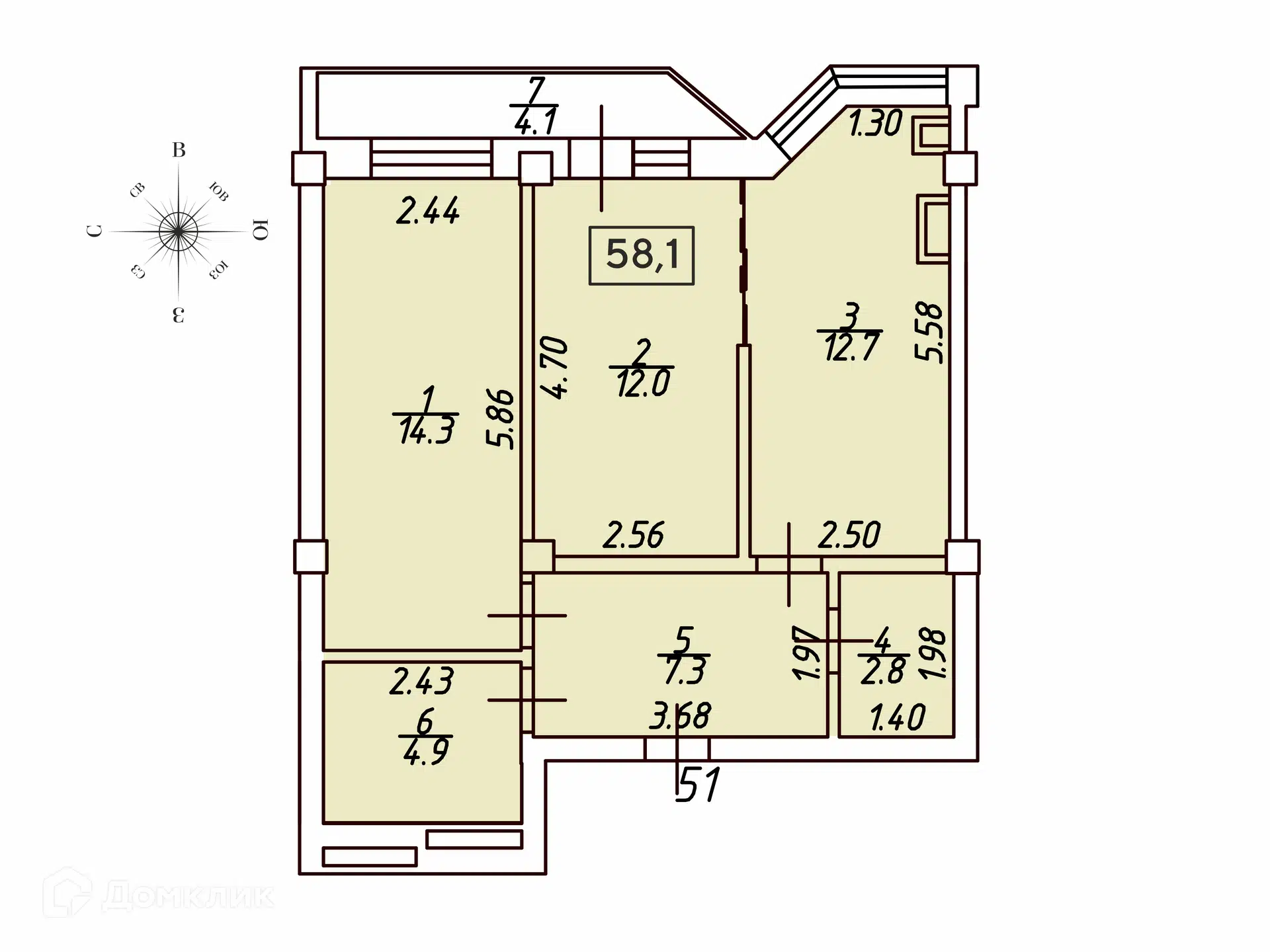 Планировка: 2-комн. квартира 58.10 м² в новостройке Кленовая роща