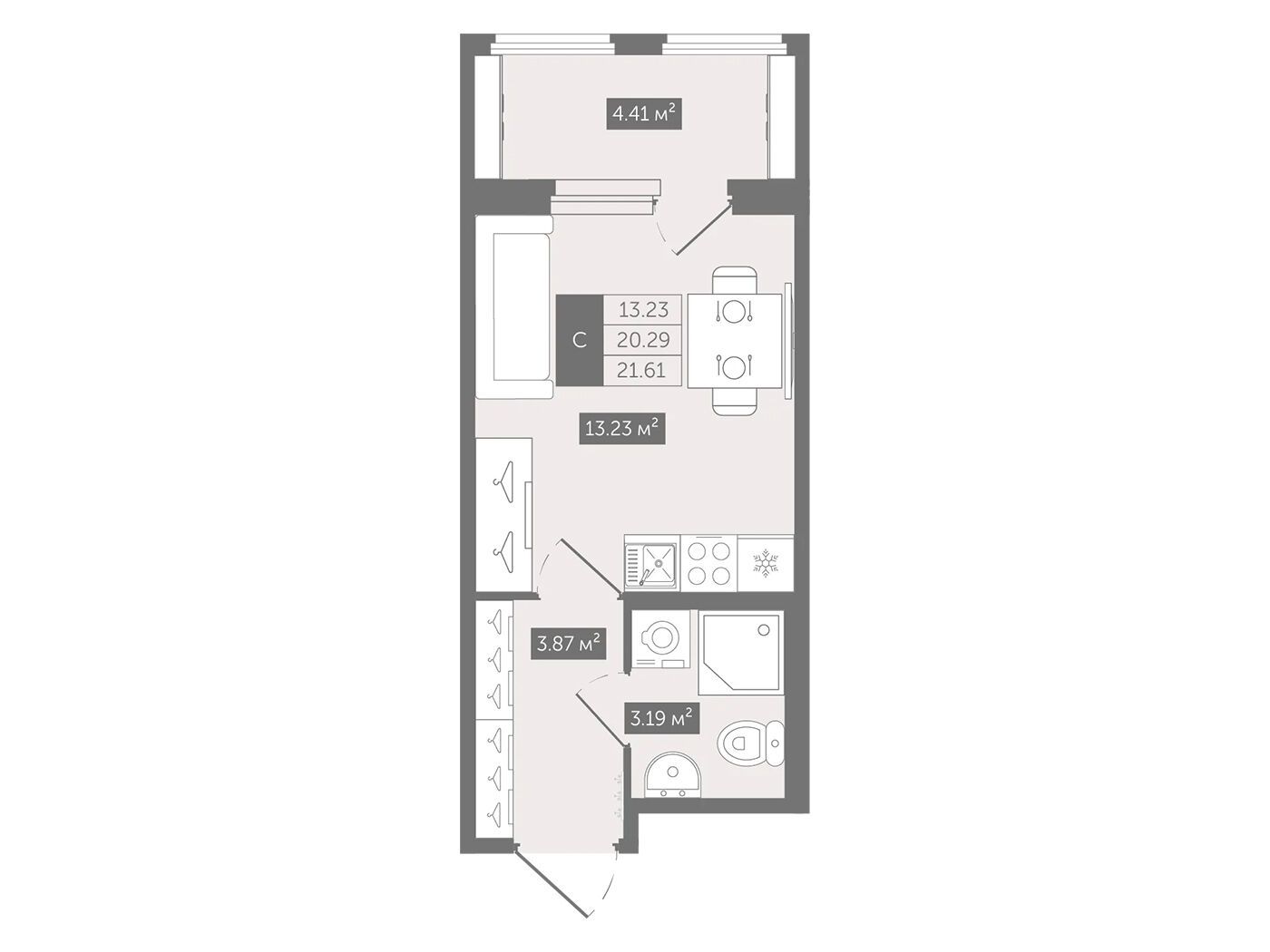 Планировка: Студия 21.61 м² в новостройке Квартал Воронцовский