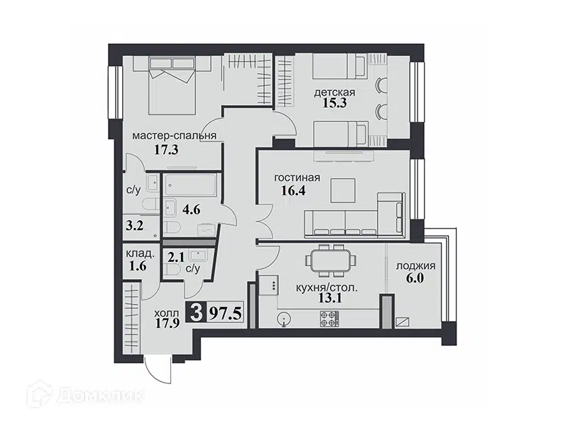 Планировка: 3-комн. квартира 97.50 м² в новостройке Надежда