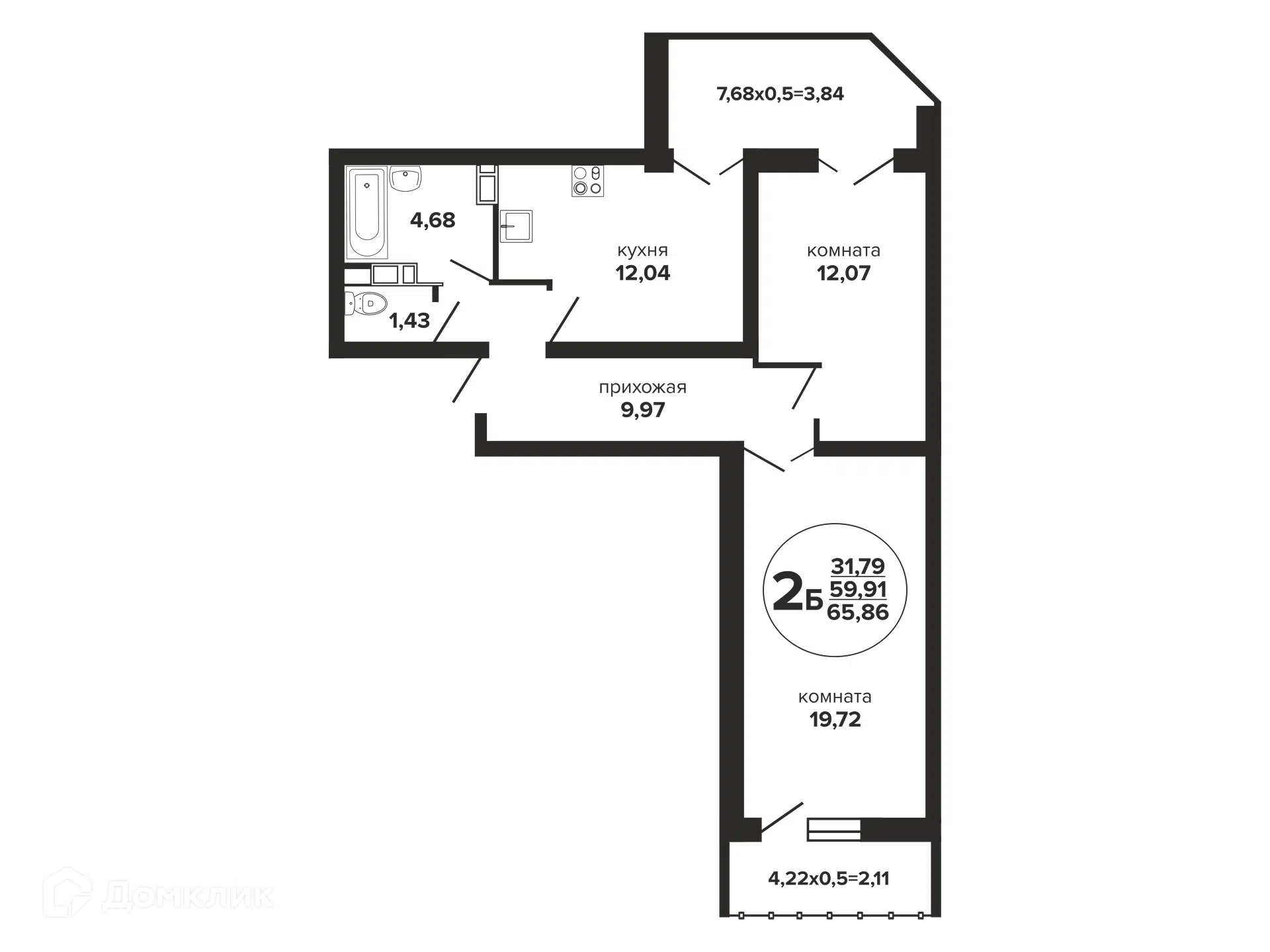 Планировка: 2-комн. квартира 65.86 м² в новостройке Гулливер