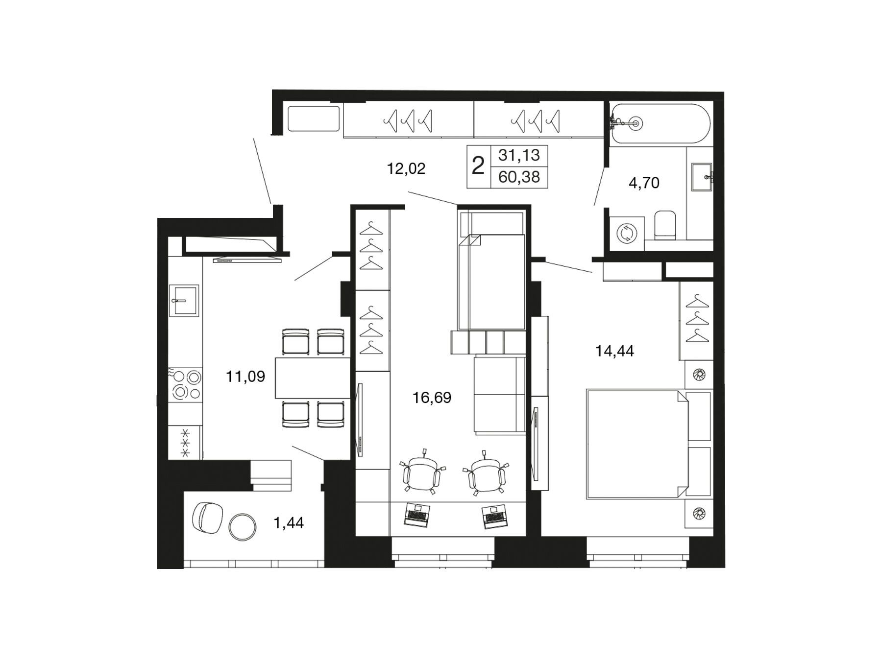 Планировка: 2-комн. квартира 60.30 м² в новостройке ЖК Времена года (Апрелевка)