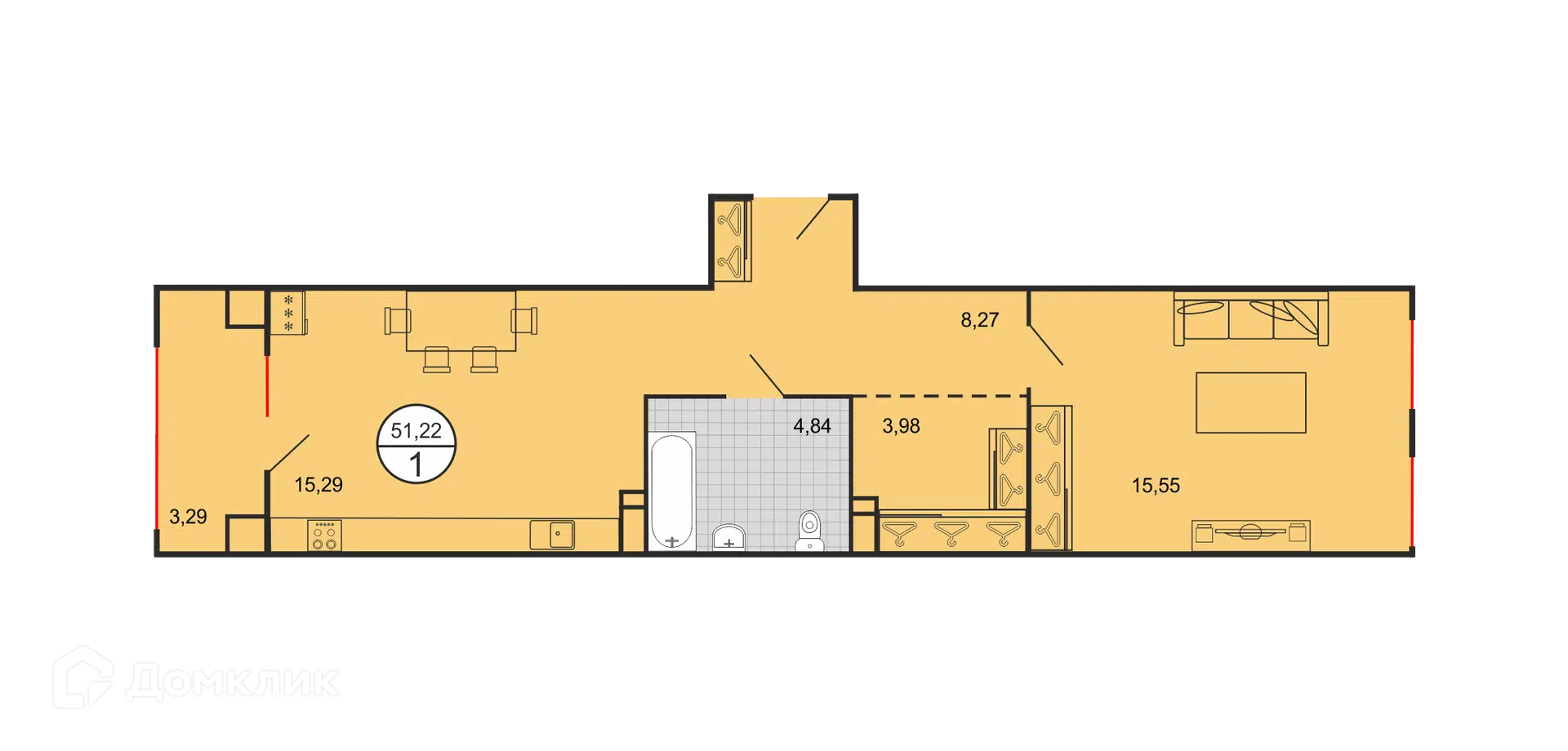 Планировка: 1-комн. квартира 51.22 м² в новостройке Дыхание