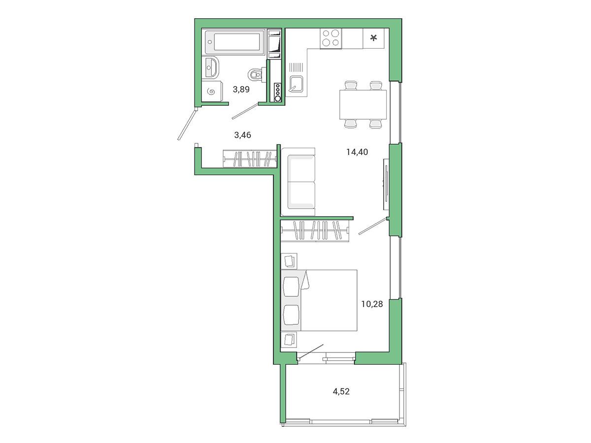 Планировка: 1-комн. квартира 34.10 м² в новостройке Янила Драйв