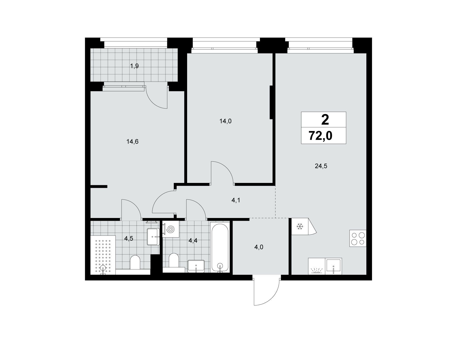 Планировка: 2-комн. квартира 72.00 м² в новостройке Хольм