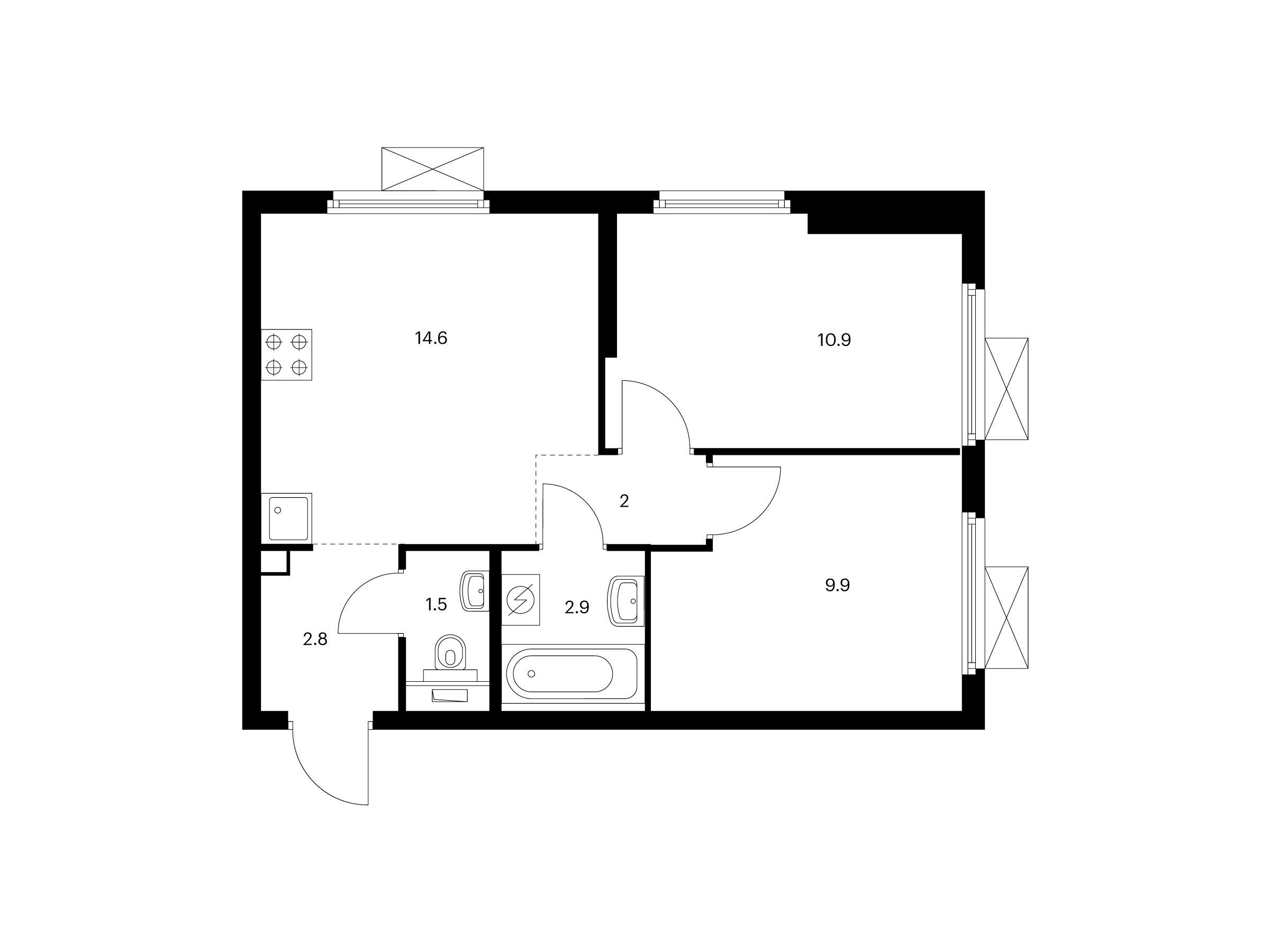 Планировка: 2-комн. квартира 44.60 м² в новостройке ЖК Первый Дубровский