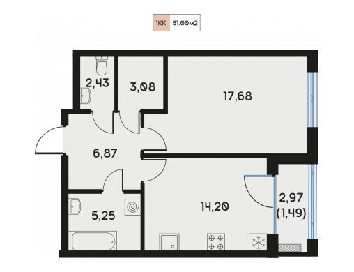 Планировка: 1-комн. квартира 51.18 м² в новостройке Дом Регенбоген