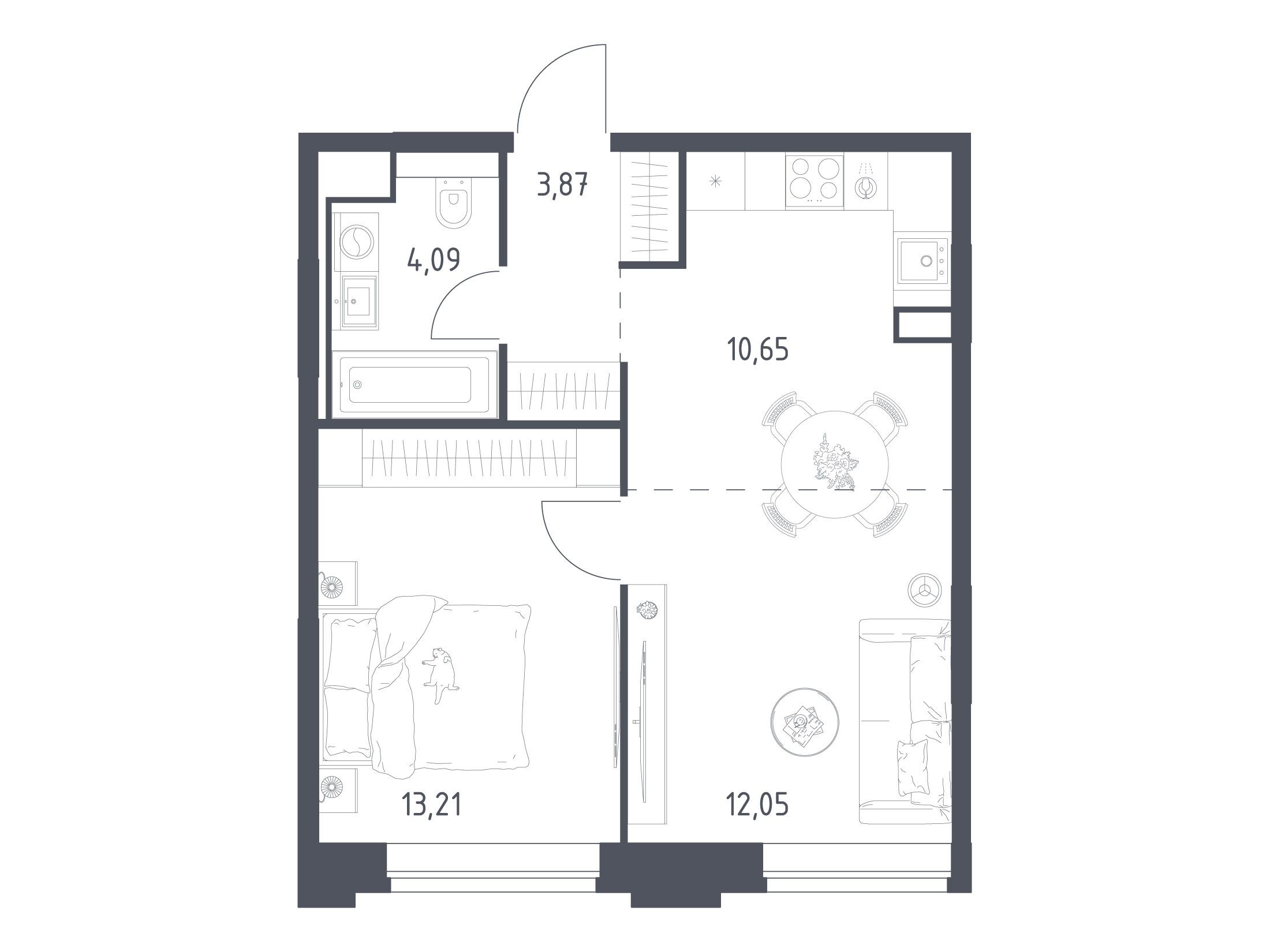 Планировка: 1-комн. квартира 43.87 м² в новостройке Верейская 41