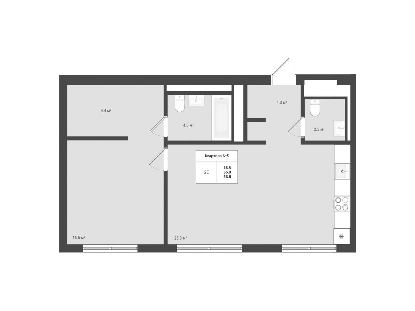 Планировка: 2-комн. квартира 56.80 м² в новостройке Яковлево