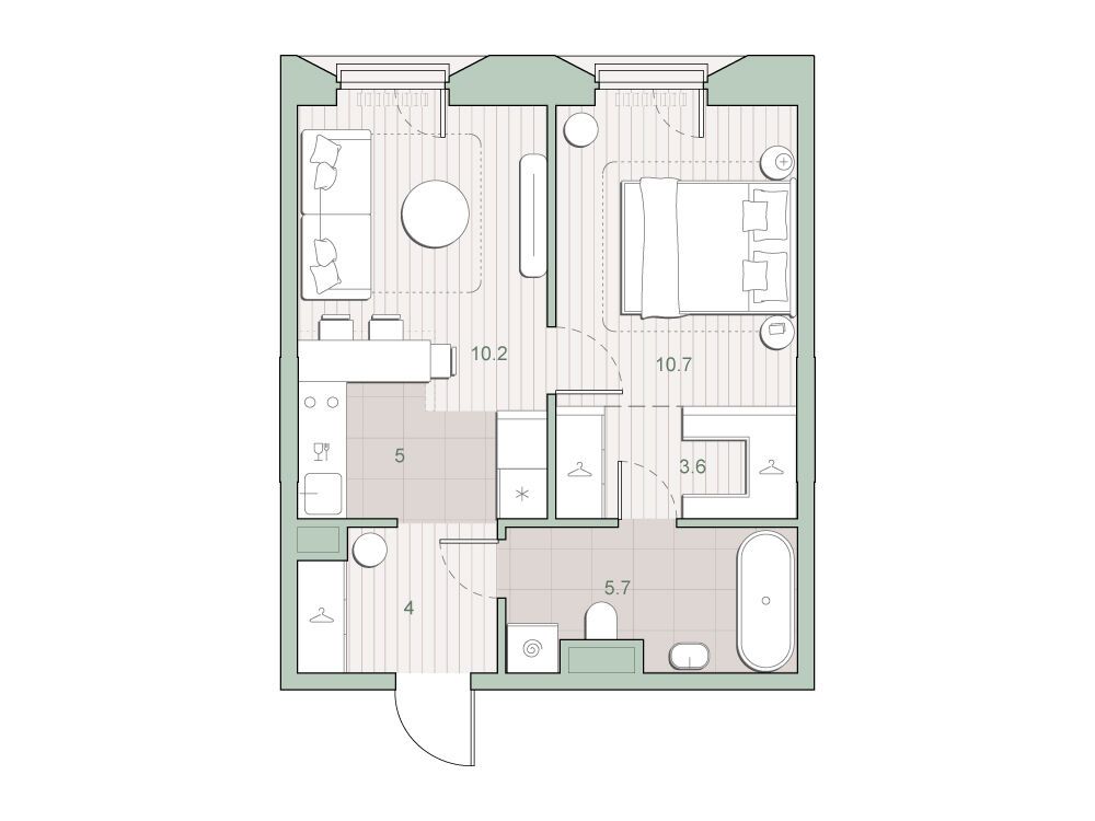 Планировка: 1-комн. квартира 39.20 м² в новостройке Среда на Лобачевского