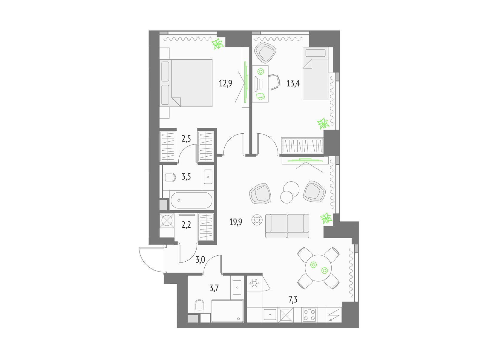 Планировка: 2-комн. квартира 69.70 м² в новостройке Апсайд Тауерс