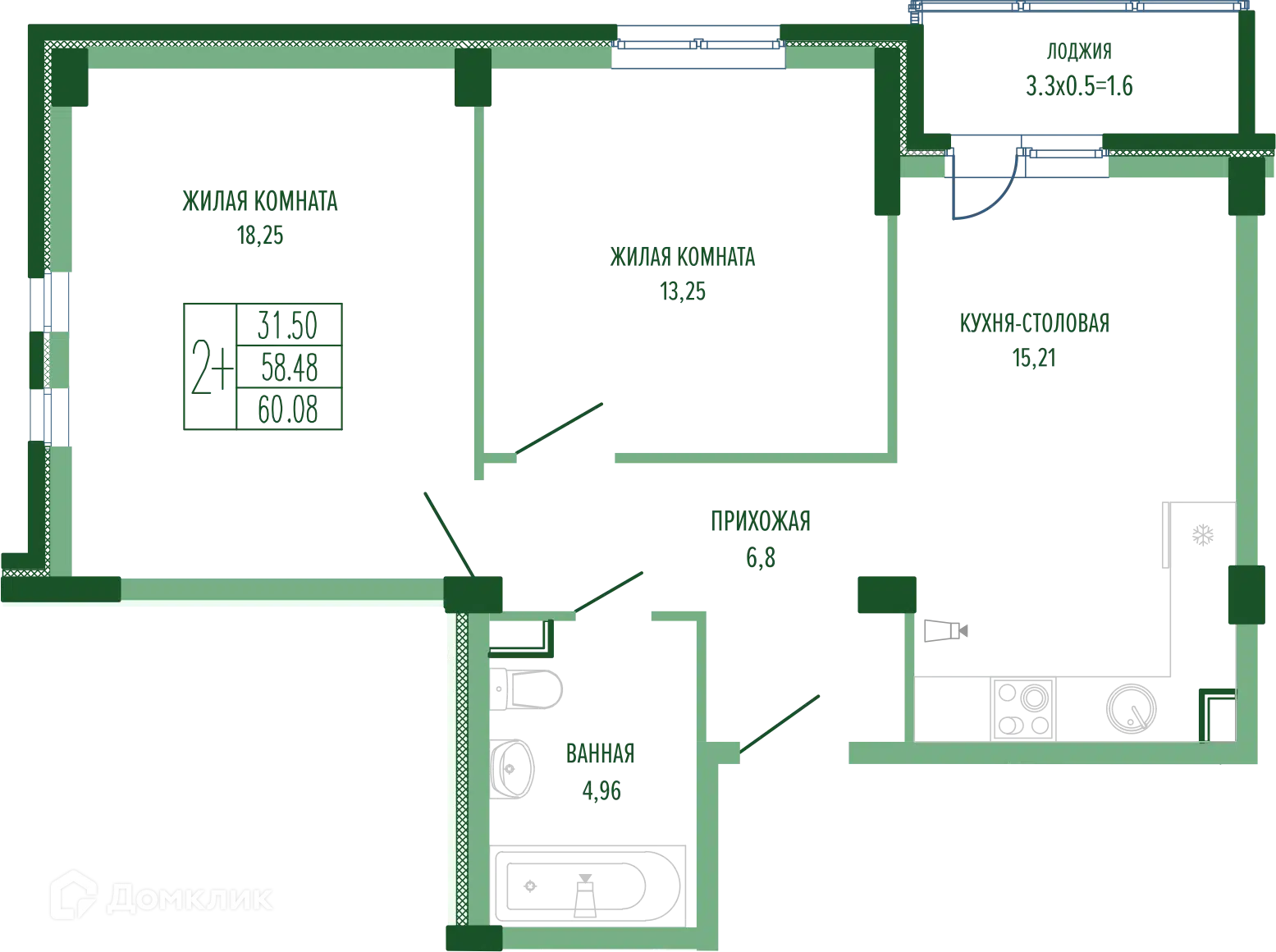 Планировка: 2-комн. квартира 62.10 м² в новостройке Екатерининский парк