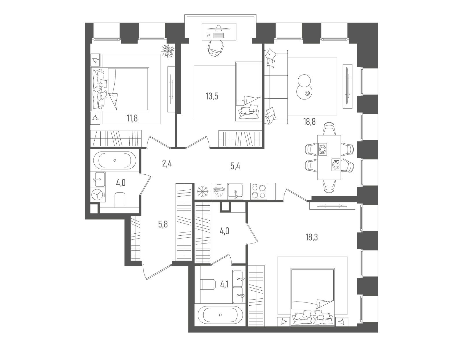 Планировка: 3-комн. квартира 88.10 м² в новостройке ЖК Пейв