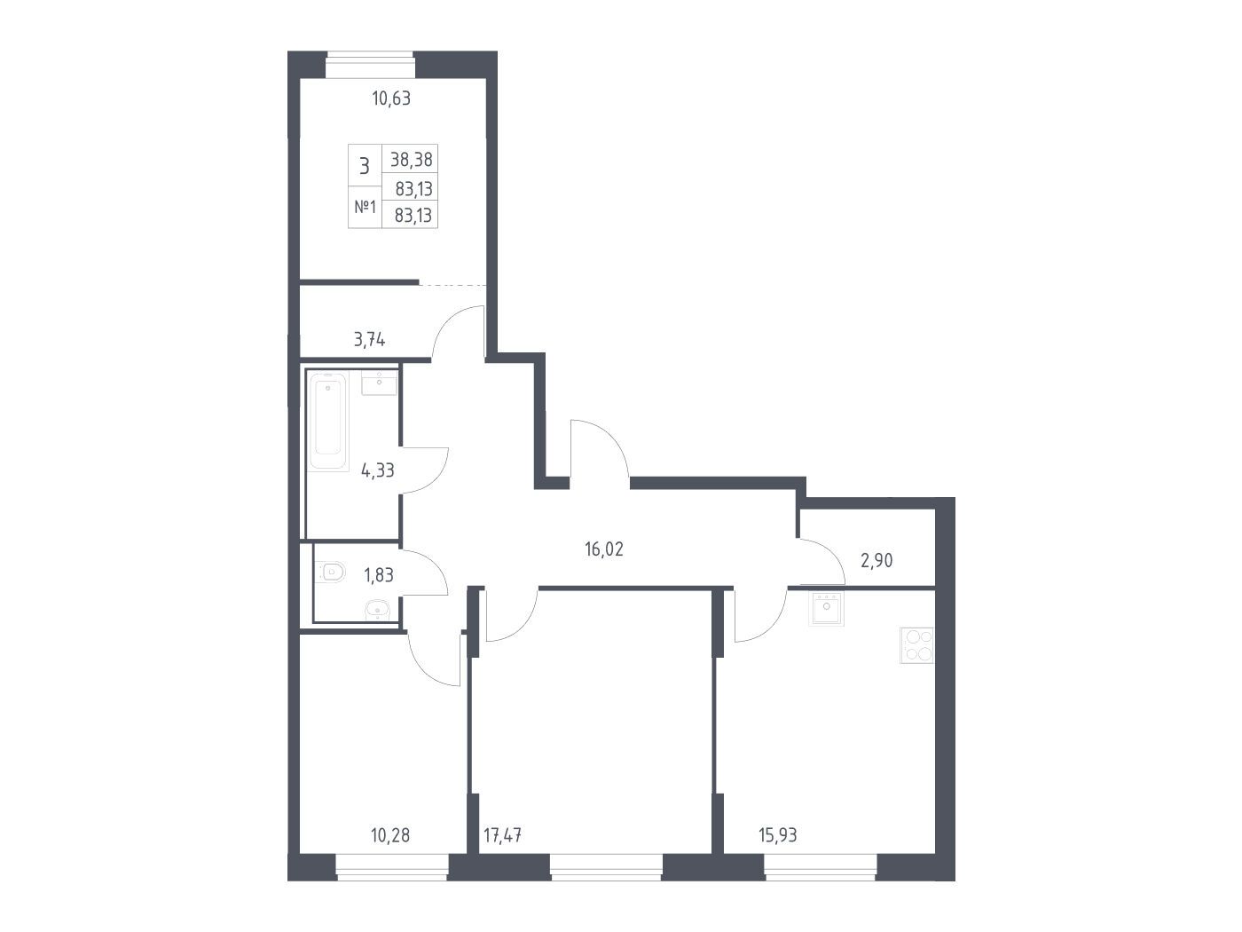 Планировка: 3-комн. квартира 83.13 м² в новостройке Квартал Домашний