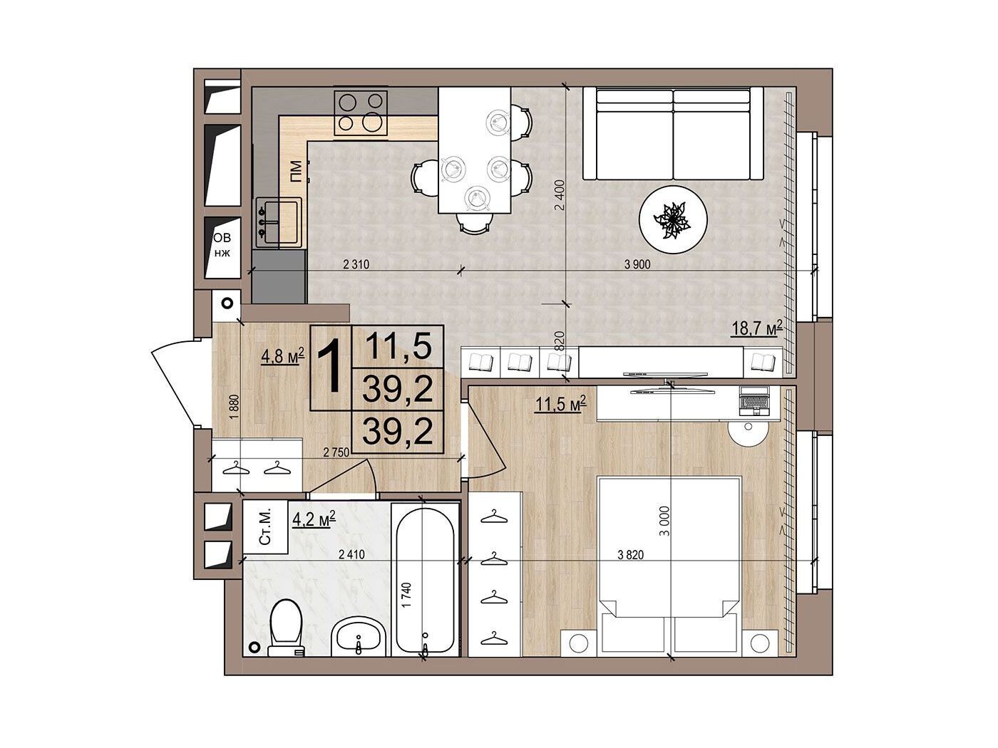 Планировка: 1-комн. квартира 39.20 м² в новостройке Гранд Комфорт