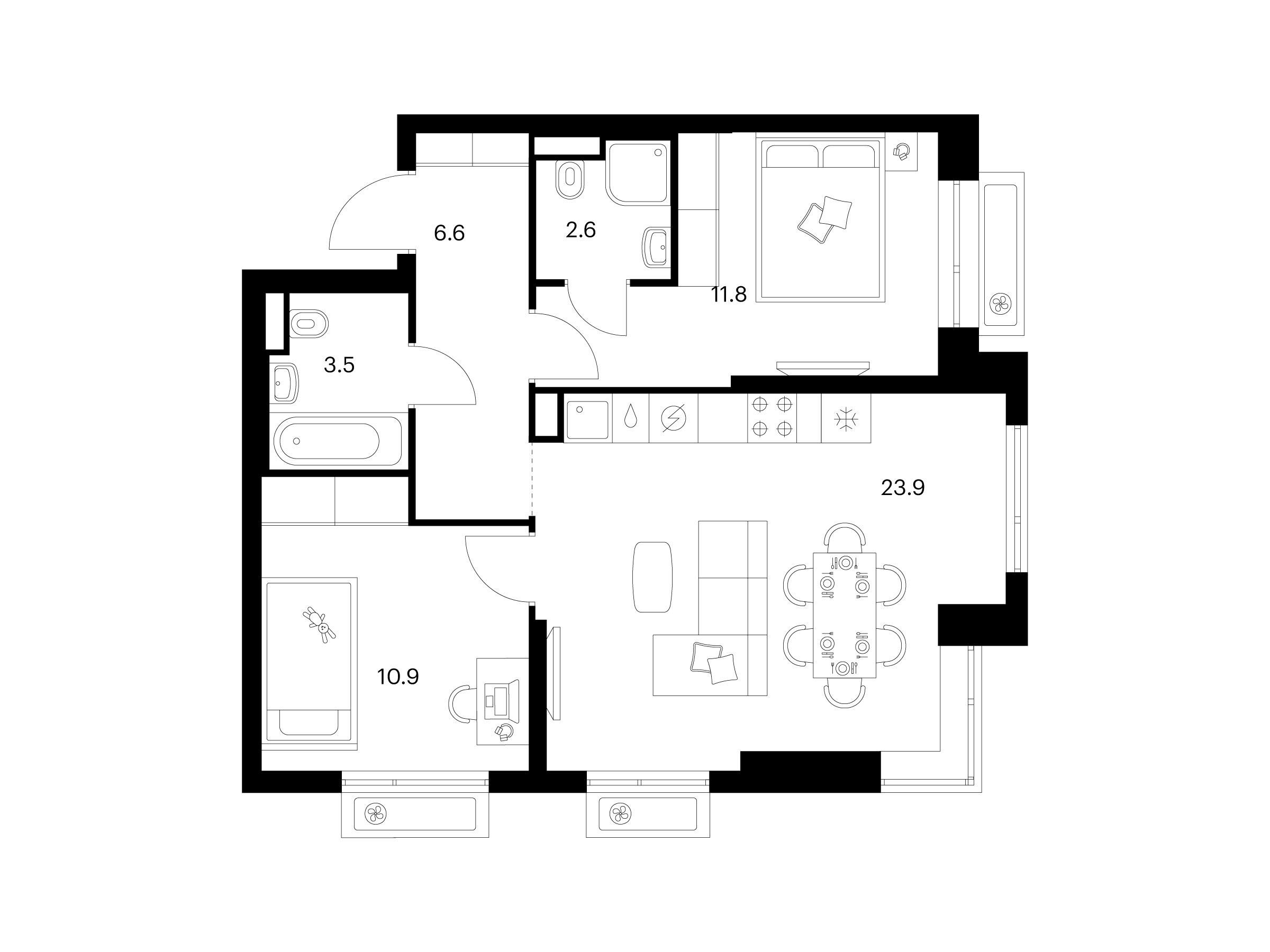 Планировка: 2-комн. квартира 59.30 м² в новостройке Середневский лес
