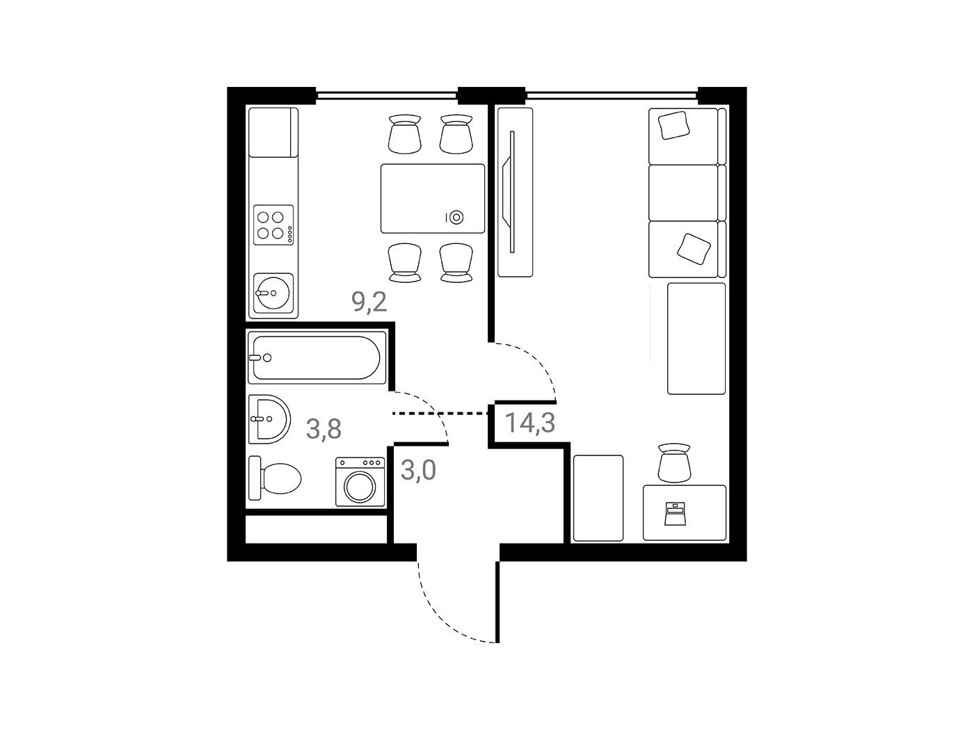 Планировка: 1-комн. квартира 30.30 м² в новостройке Лесная Коллекция