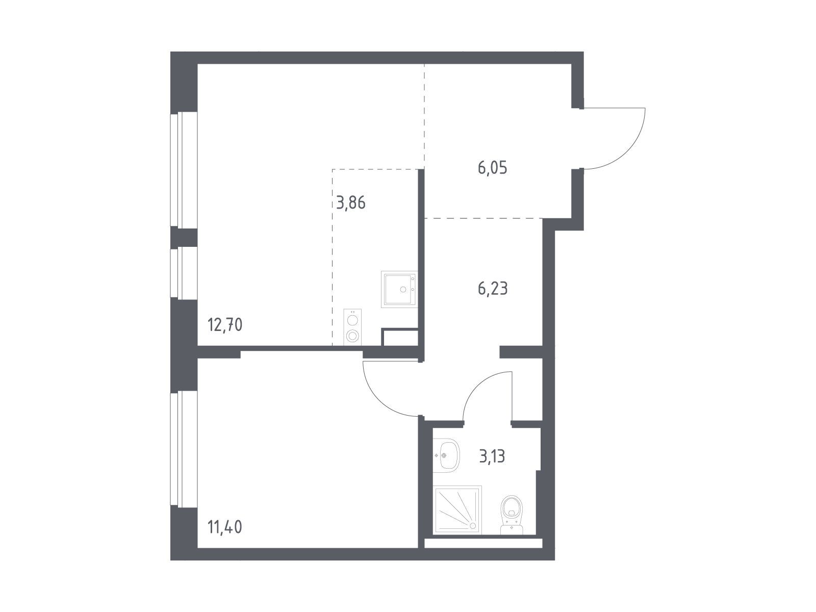 Планировка: 1-комн. квартира 43.37 м² в новостройке Подольские кварталы
