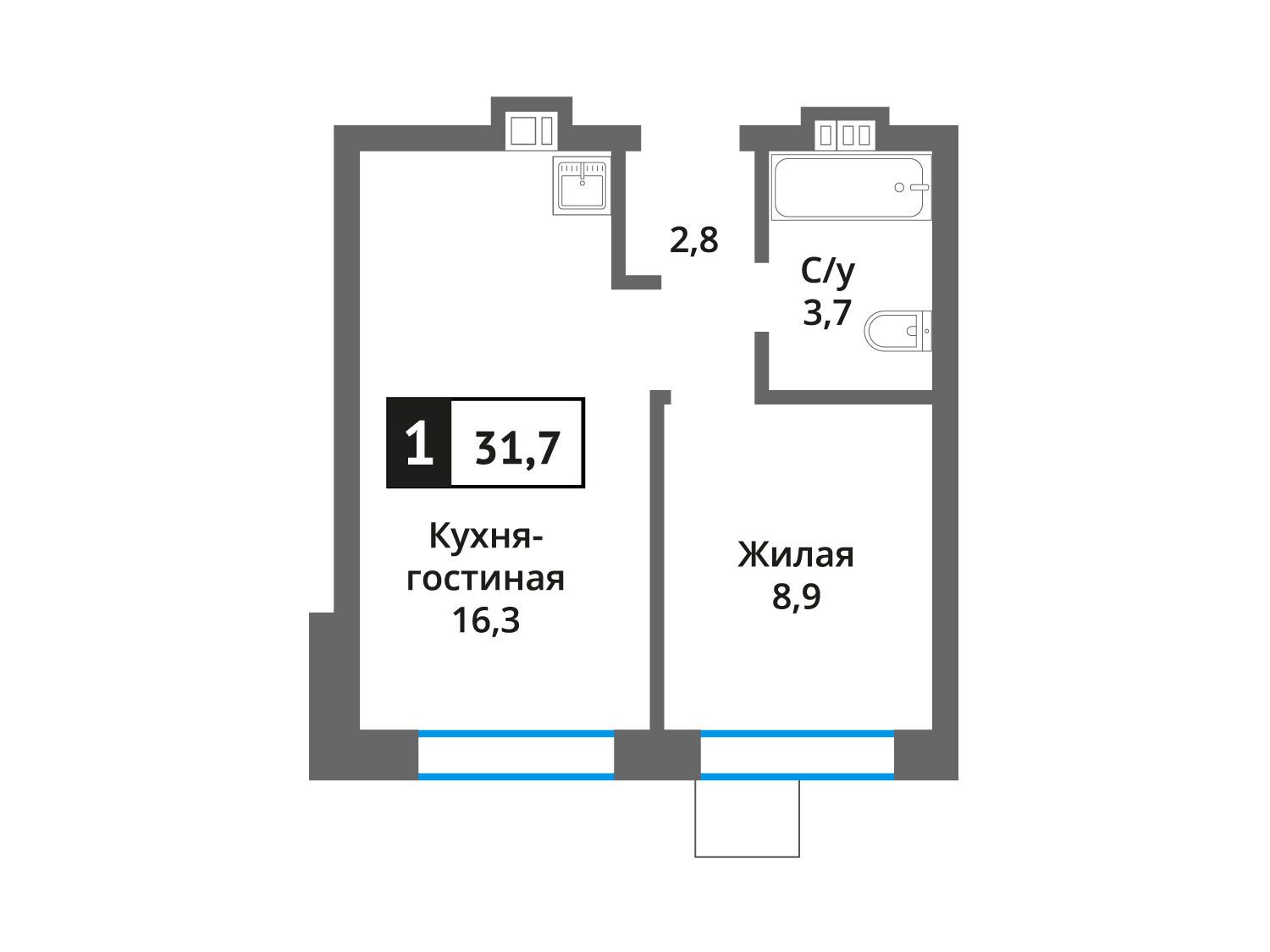 Планировка: 1-комн. квартира 31.70 м² в новостройке Никольский квартал Отрада