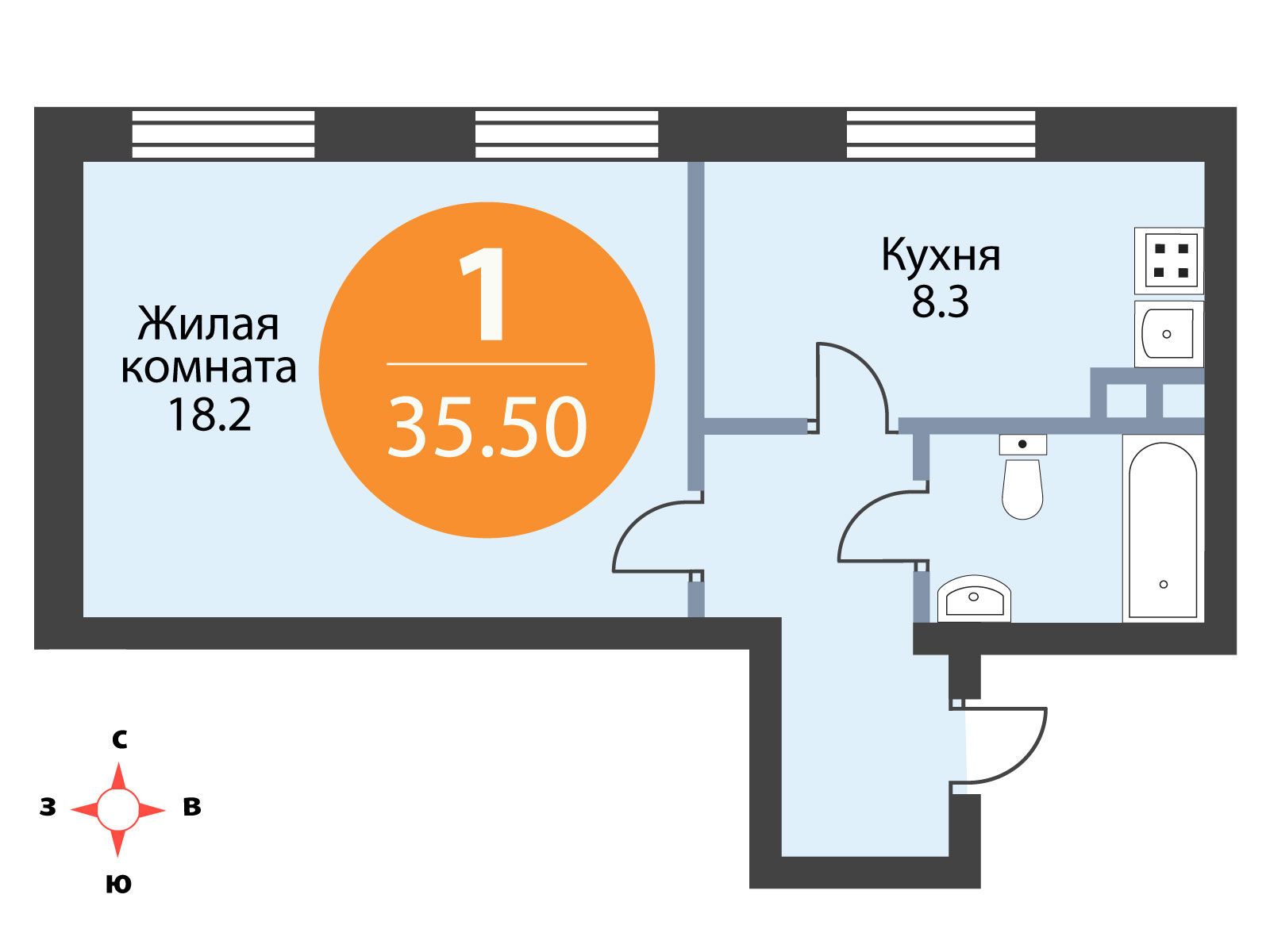 Планировка: 1-комн. квартира 35.50 м² в новостройке Щегловская усадьба