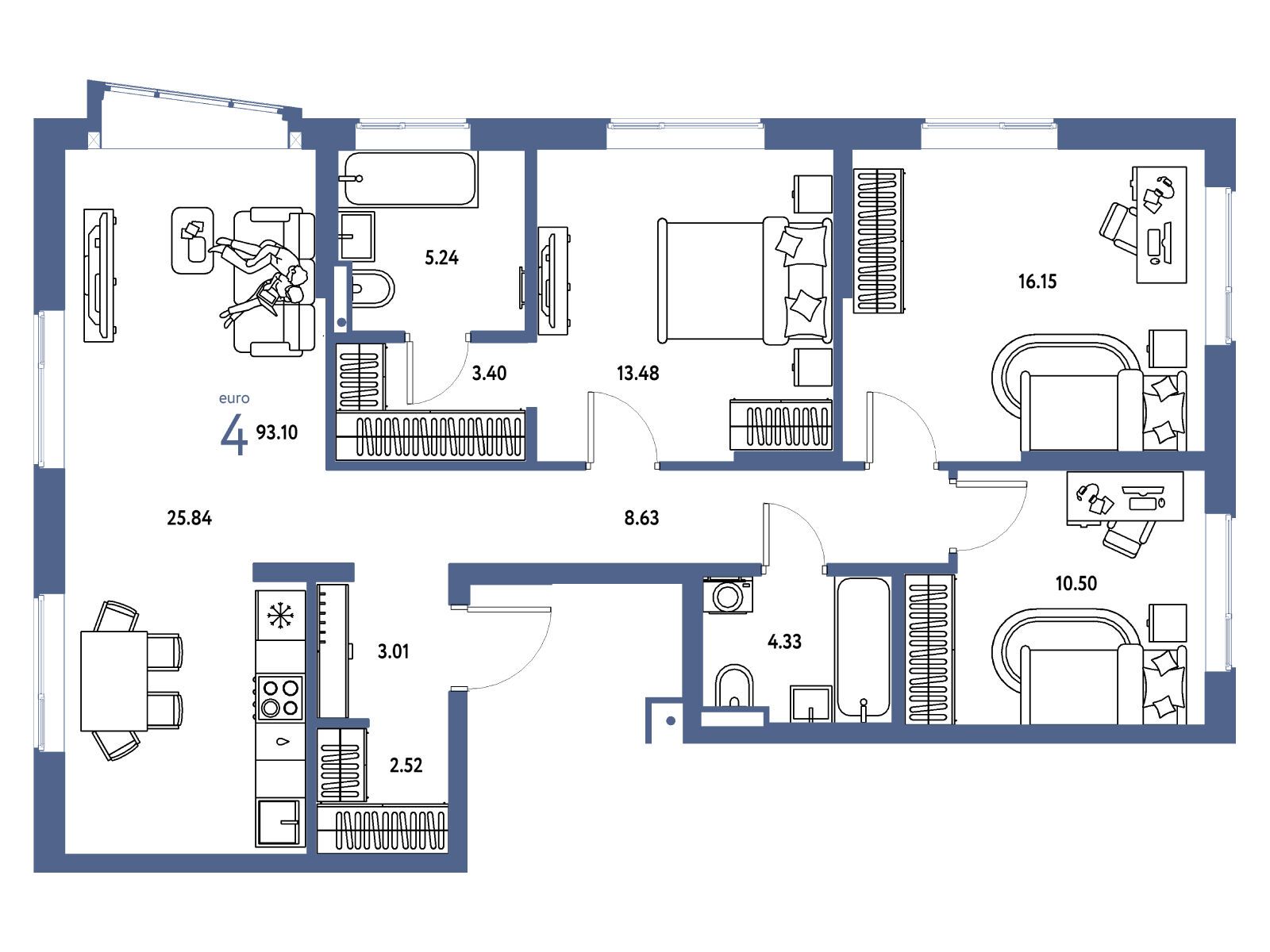 Планировка: 4-комн. квартира 93.10 м² в новостройке Страна Парковая
