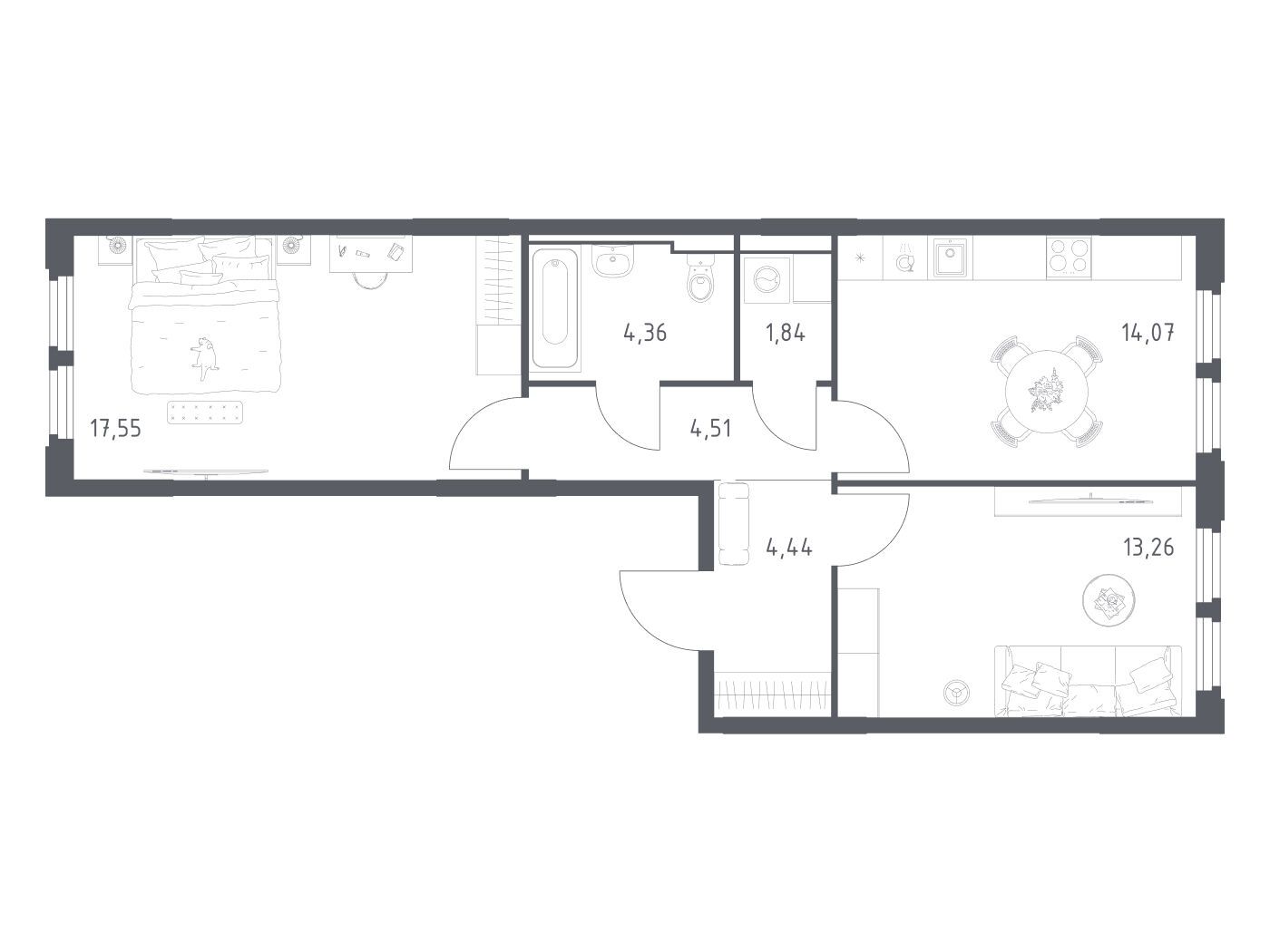 Планировка: 2-комн. квартира 60.03 м² в новостройке Космический квартал