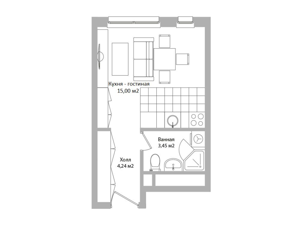 Планировка: Студия 22.70 м² в новостройке Адрес