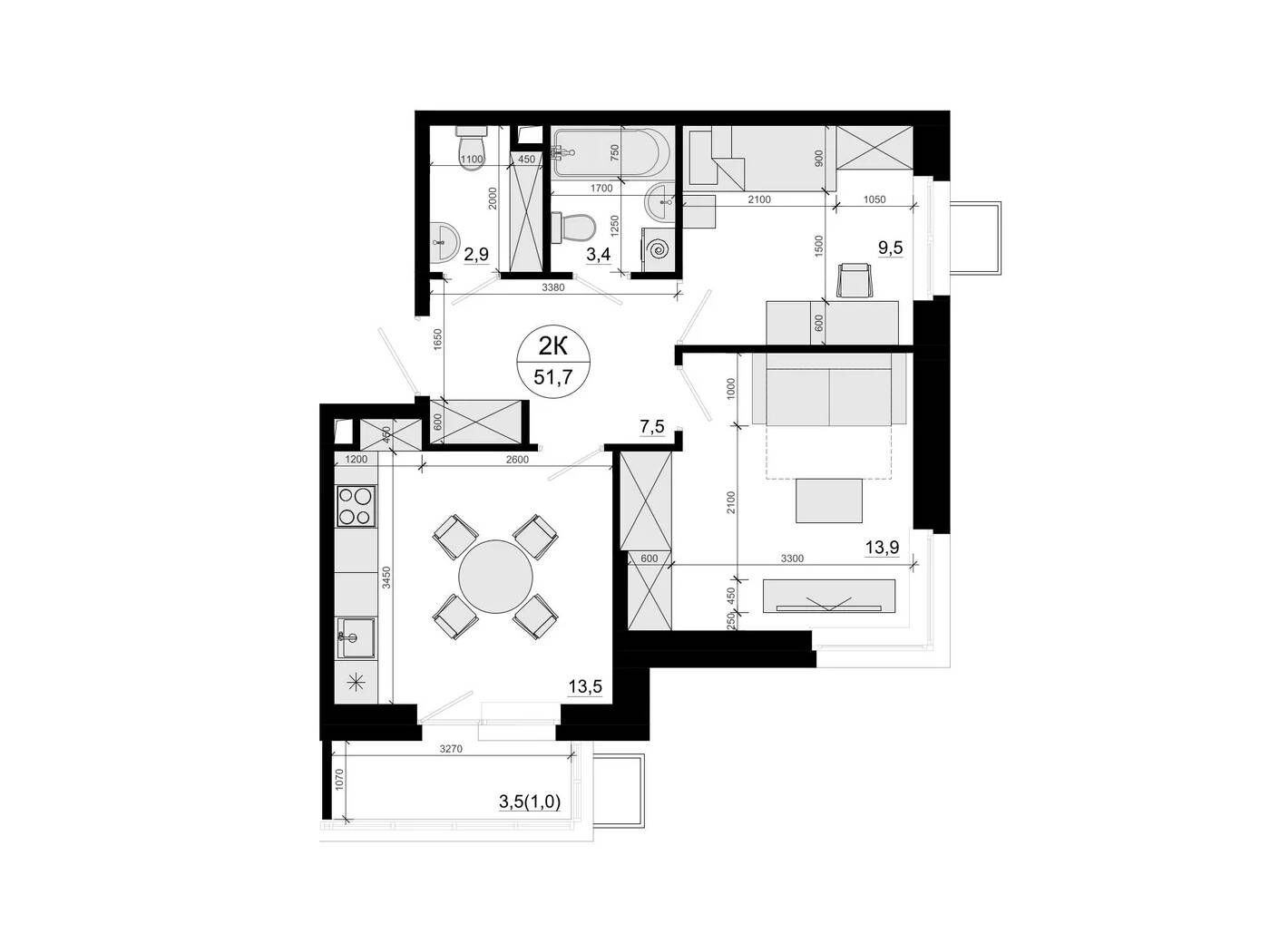 Планировка: 2-комн. квартира 52.30 м² в новостройке ЖК Одинцовские кварталы