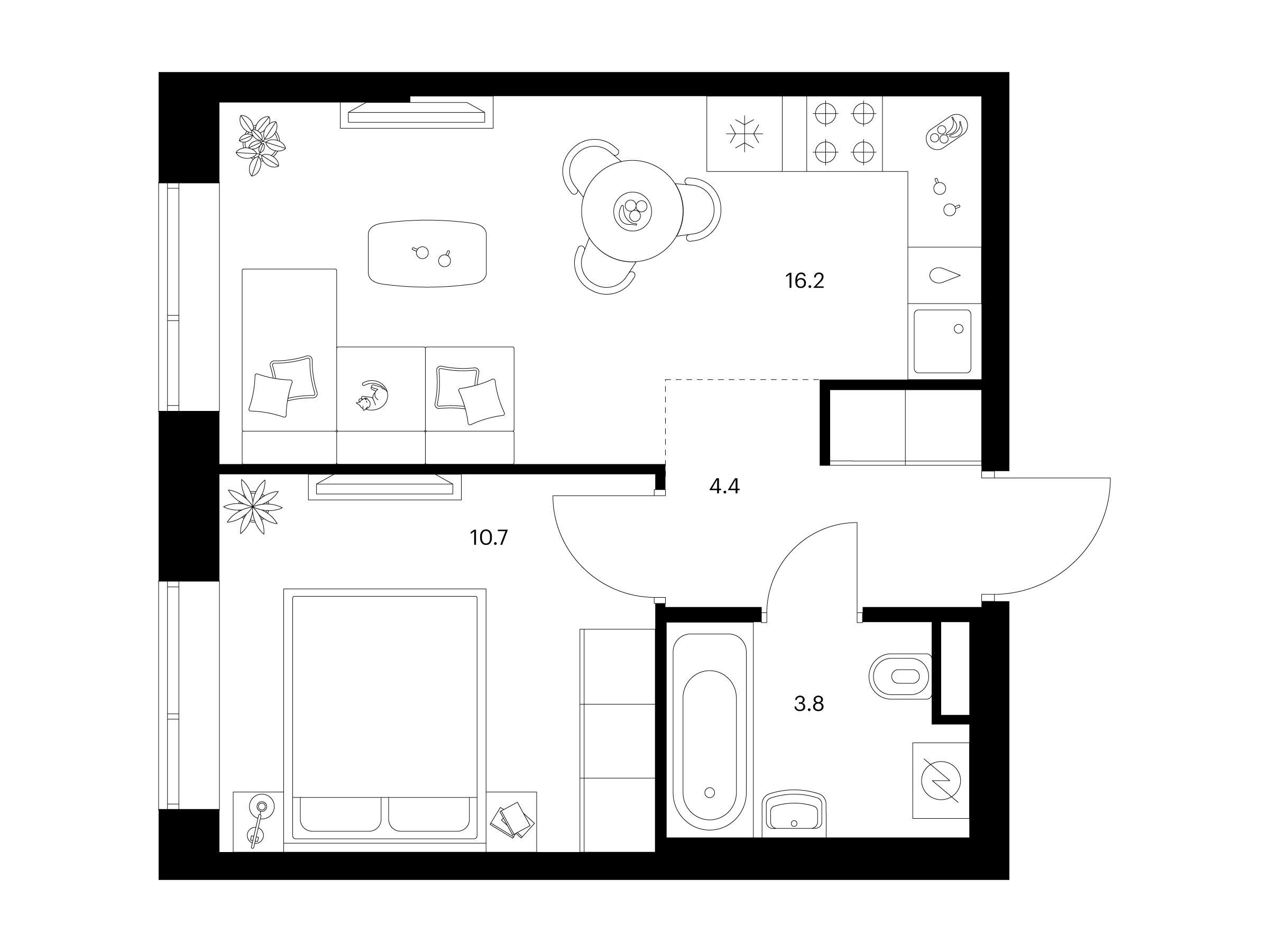 Планировка: 1-комн. квартира 35.10 м² в новостройке Бунинская набережная