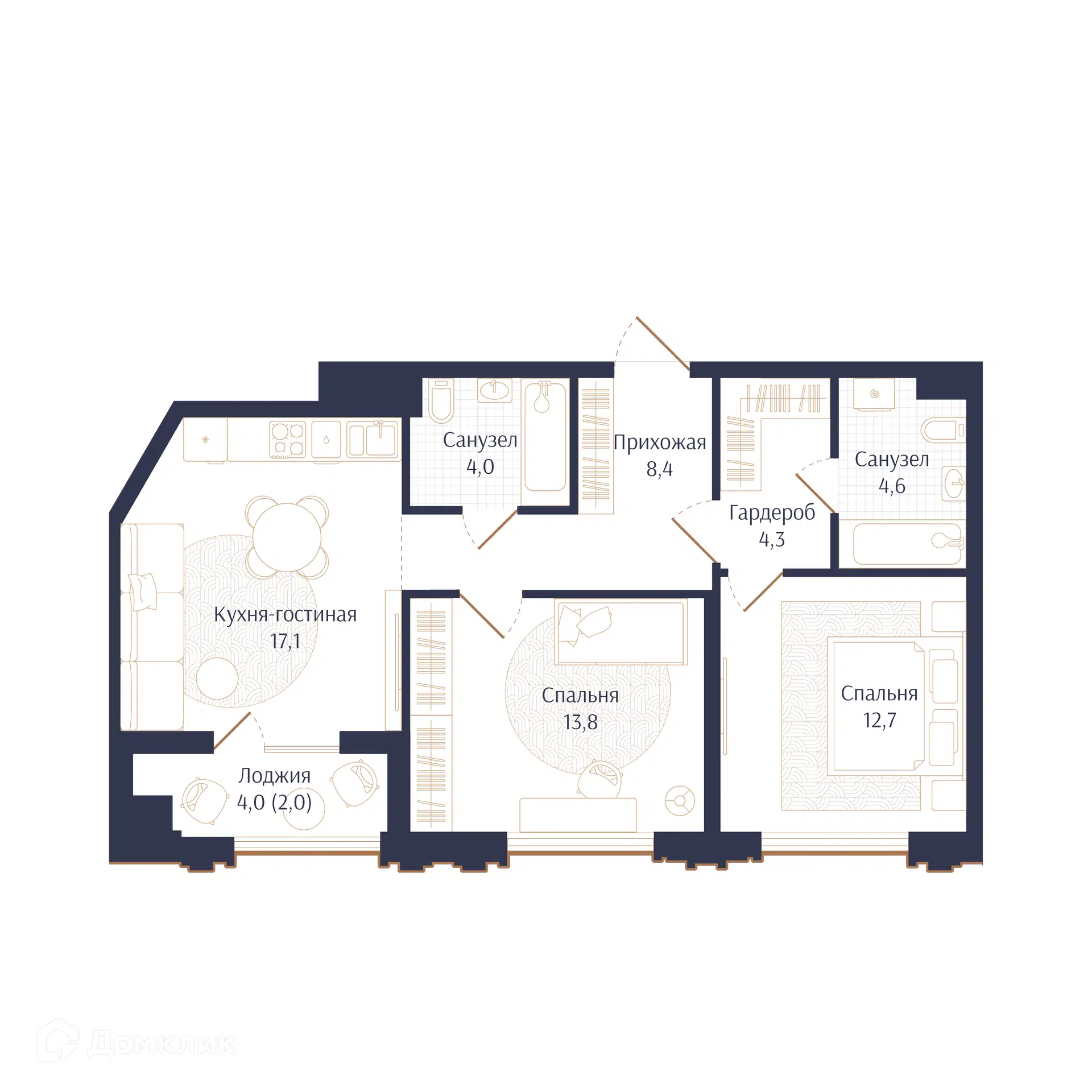 Планировка: 2-комн. квартира 66.90 м² в новостройке Брют Резиденс
