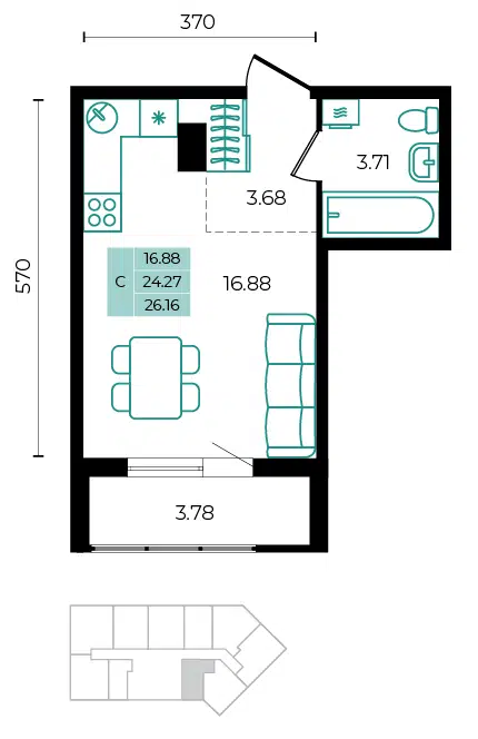 Планировка: Студия 26.16 м² в новостройке ЖК Курортный Регион