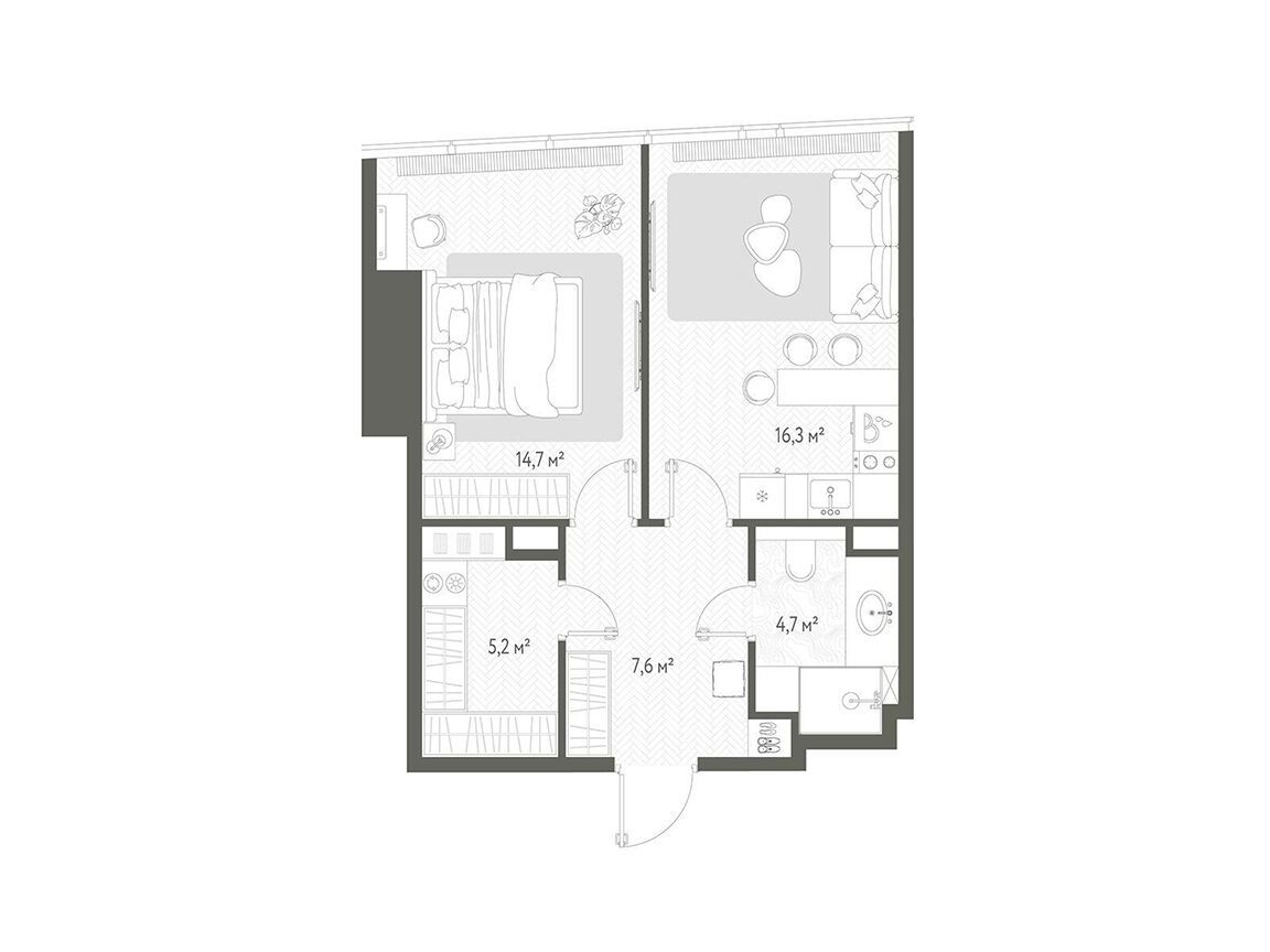 Планировка: 1-комн. квартира 48.50 м² в новостройке Оне