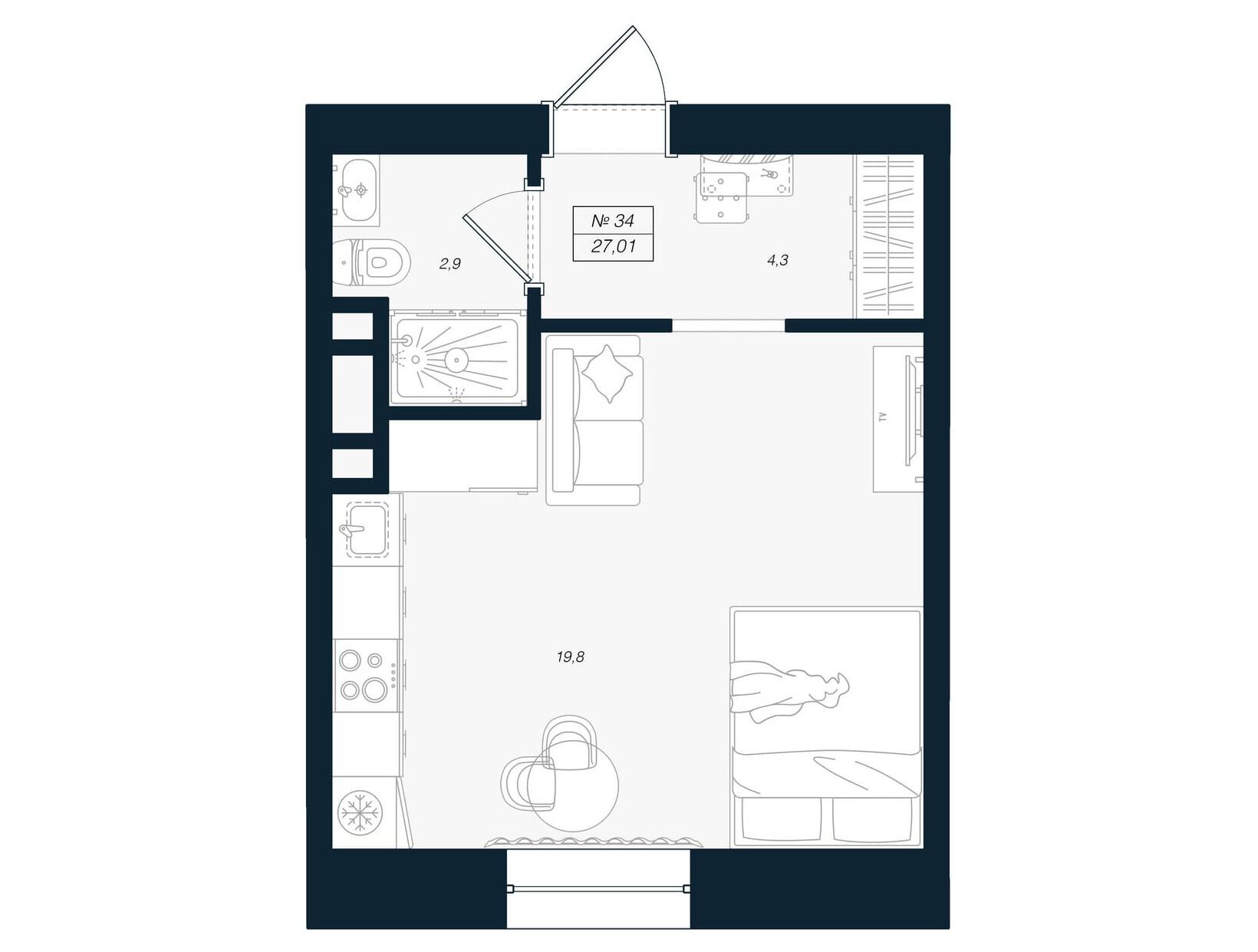 Планировка: Студия 27.01 м² в новостройке Феникс Рощино