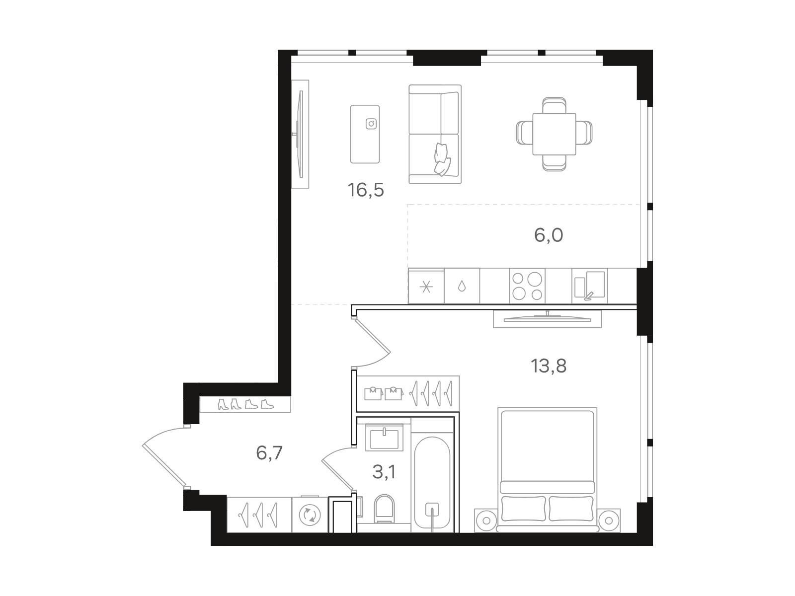 Планировка: 1-комн. квартира 46.10 м² в новостройке НАЗАРÉ