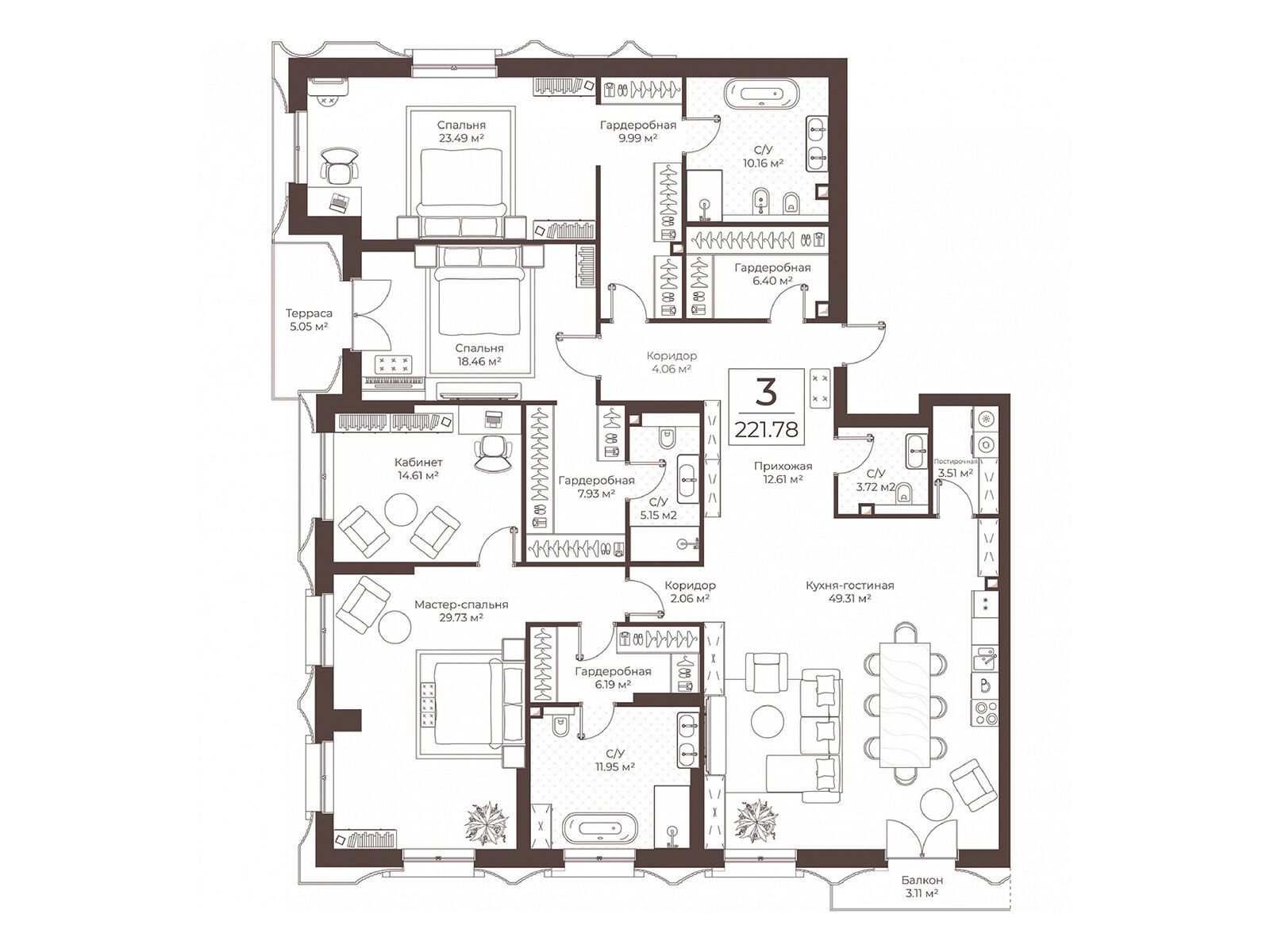 Планировка: 3-комн. квартира 221.78 м² в новостройке Клубный дом Воронцовъ