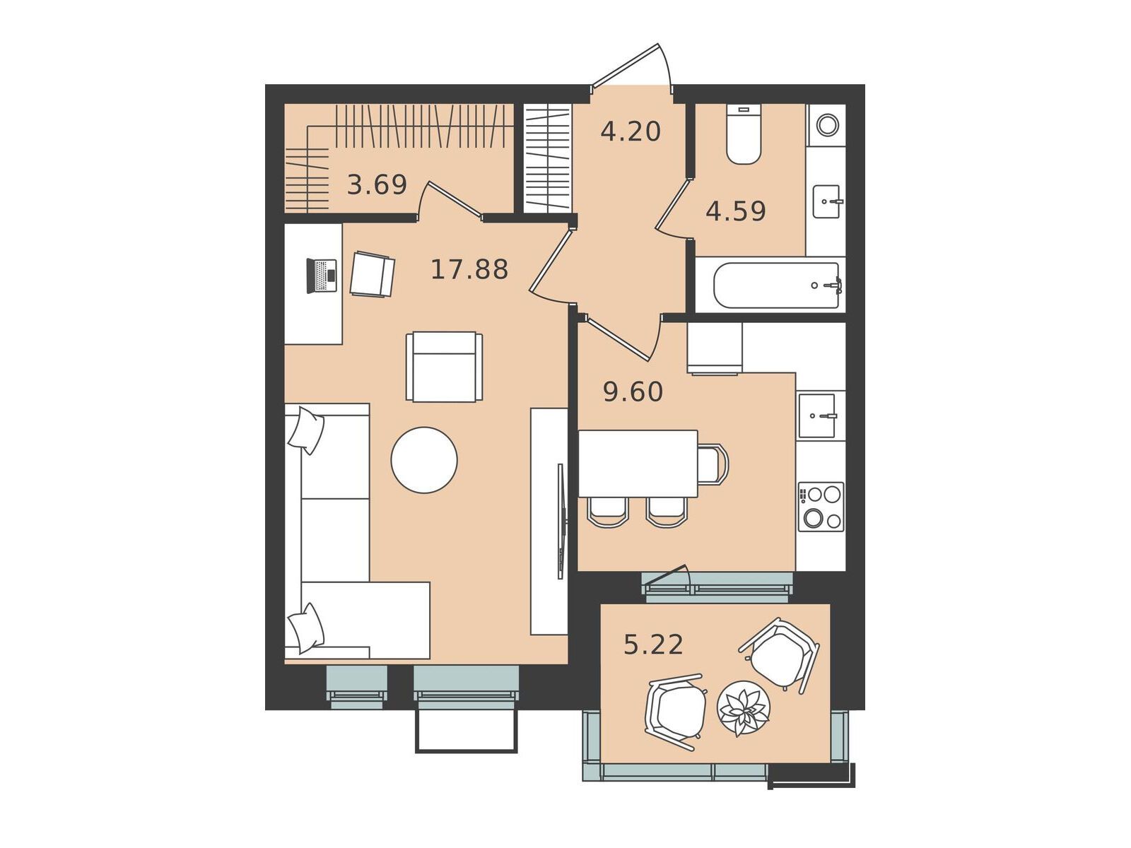 Планировка: 1-комн. квартира 42.57 м² в новостройке Мишино-2