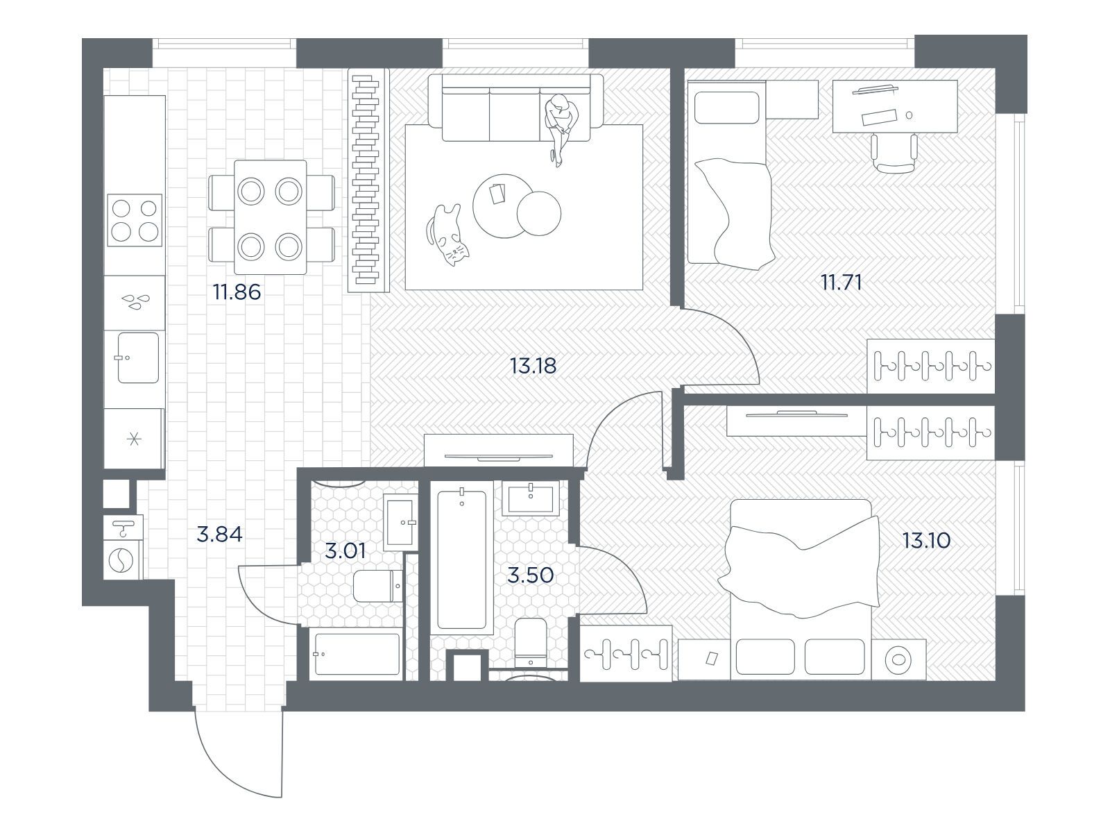 Планировка: 2-комн. квартира 60.20 м² в новостройке Тейт