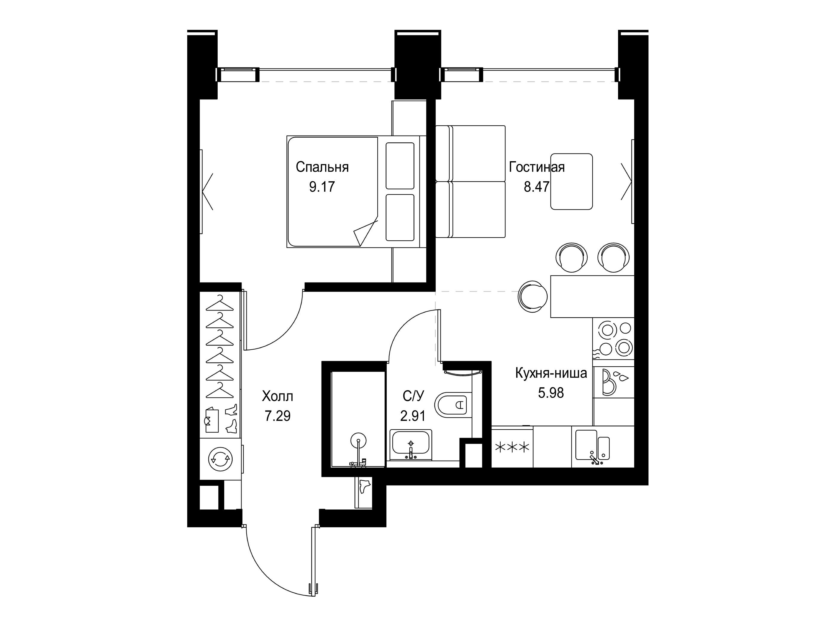Планировка: 1-комн. квартира 33.82 м² в новостройке ЖК Сет