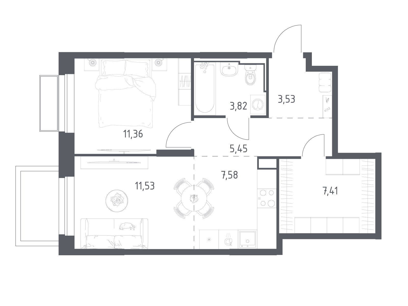 Планировка: 1-комн. квартира 50.68 м² в новостройке Долина Яузы