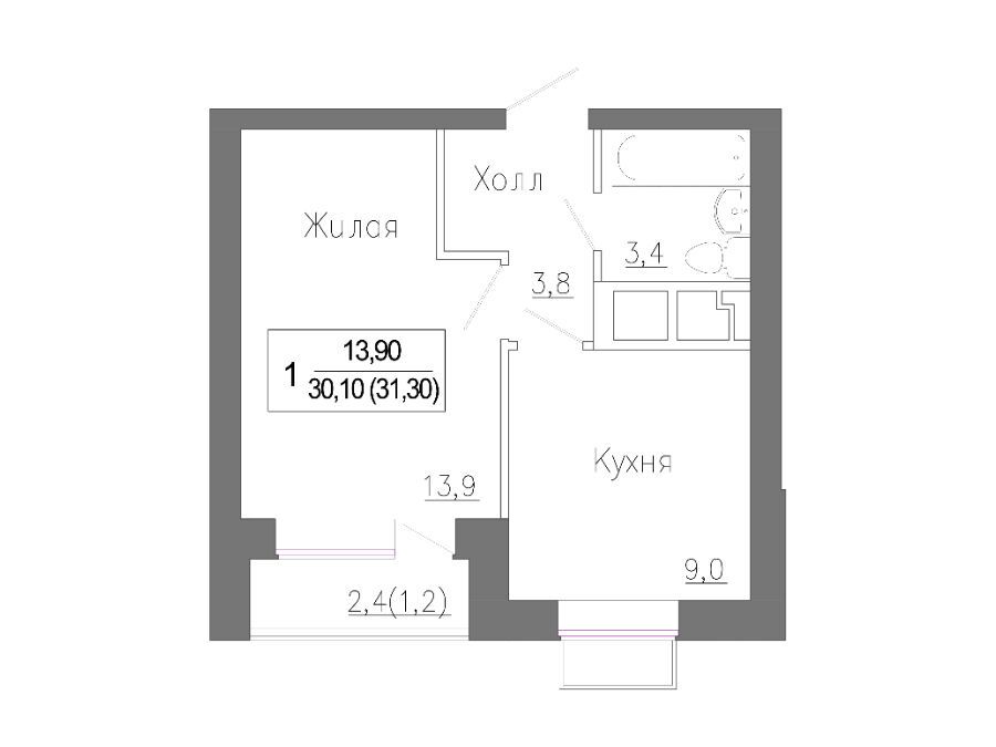 Планировка: 1-комн. квартира 31.90 м² в новостройке Новое Замитино
