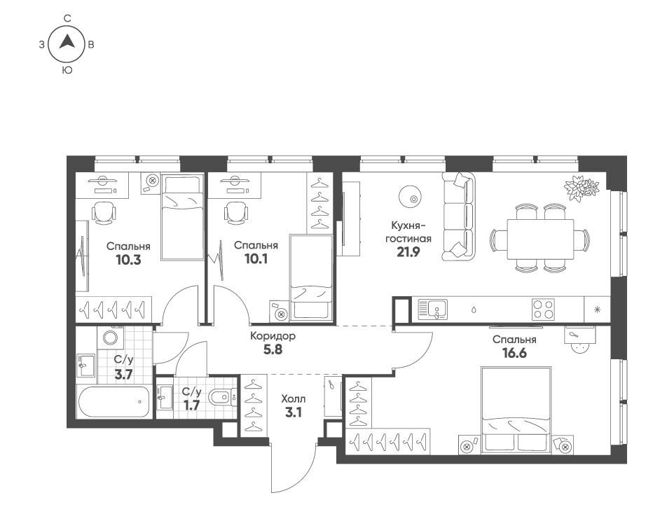 Планировка: 3-комн. квартира 73.20 м² в новостройке Соколин парк