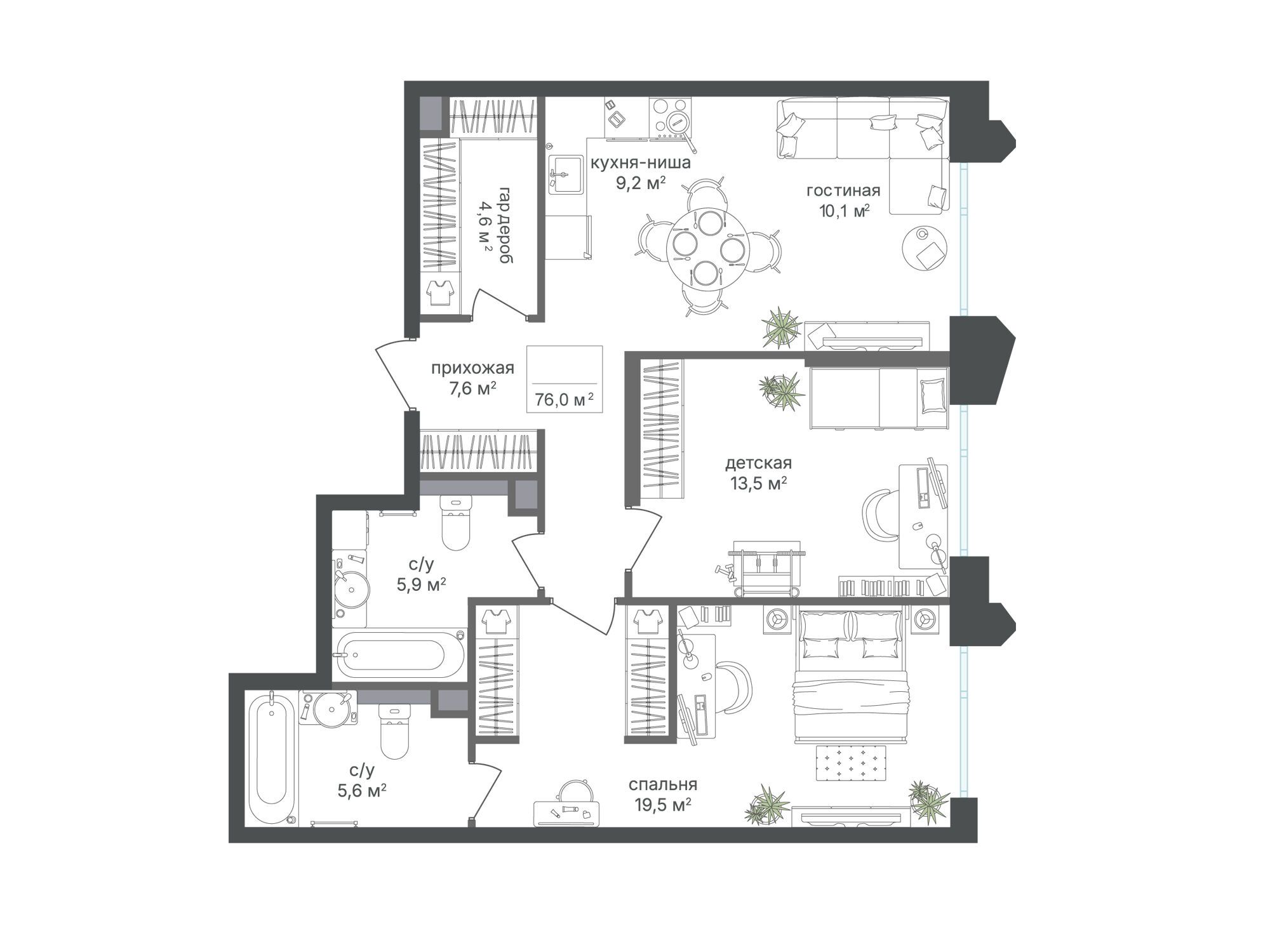 Планировка: 2-комн. квартира 76.00 м² в новостройке ЖК Петровский парк II