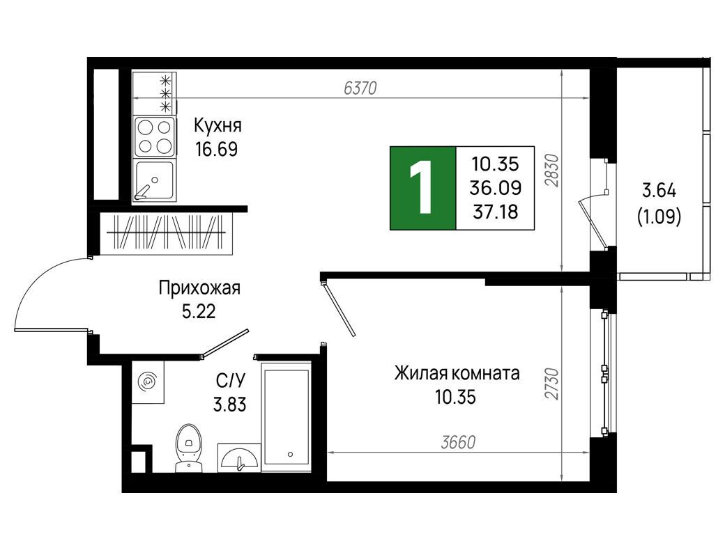Планировка: 1-комн. квартира 37.18 м² в новостройке Имена