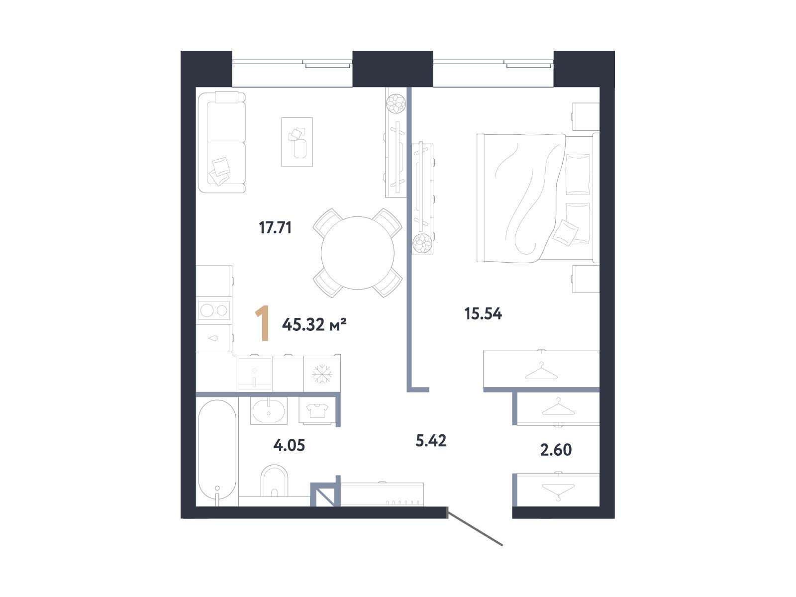 Планировка: 1-комн. квартира 45.32 м² в новостройке Репаблик