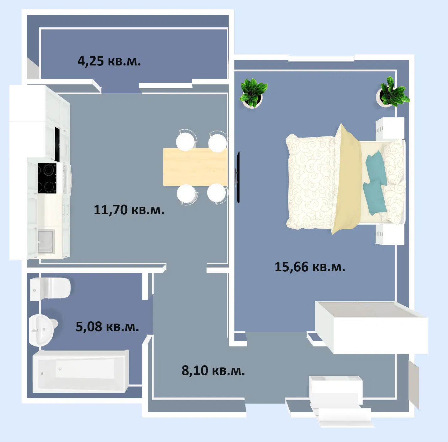 Планировка: 1-комн. квартира 44.79 м² в новостройке Успех