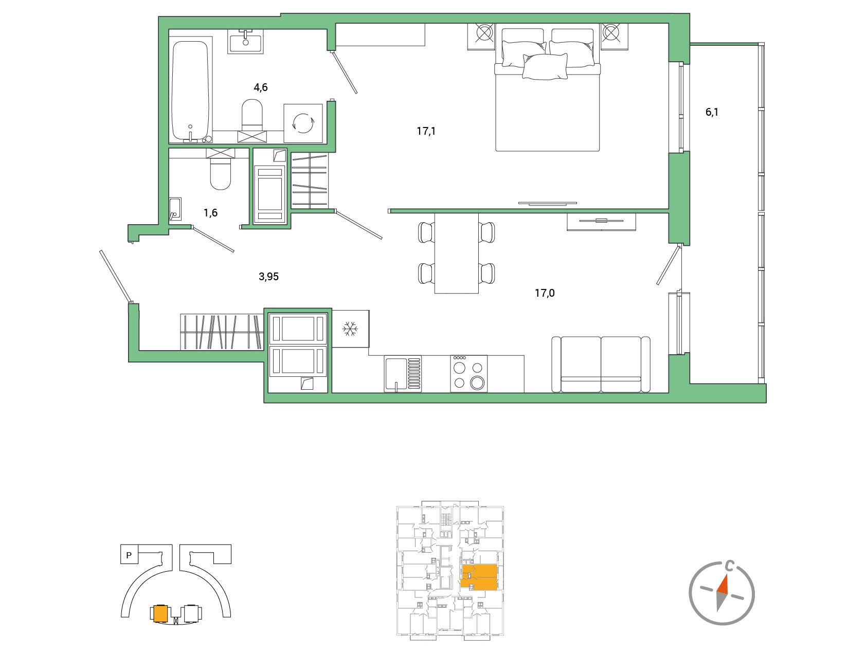 Планировка: 1-комн. квартира 47.30 м² в новостройке Окла Вижн