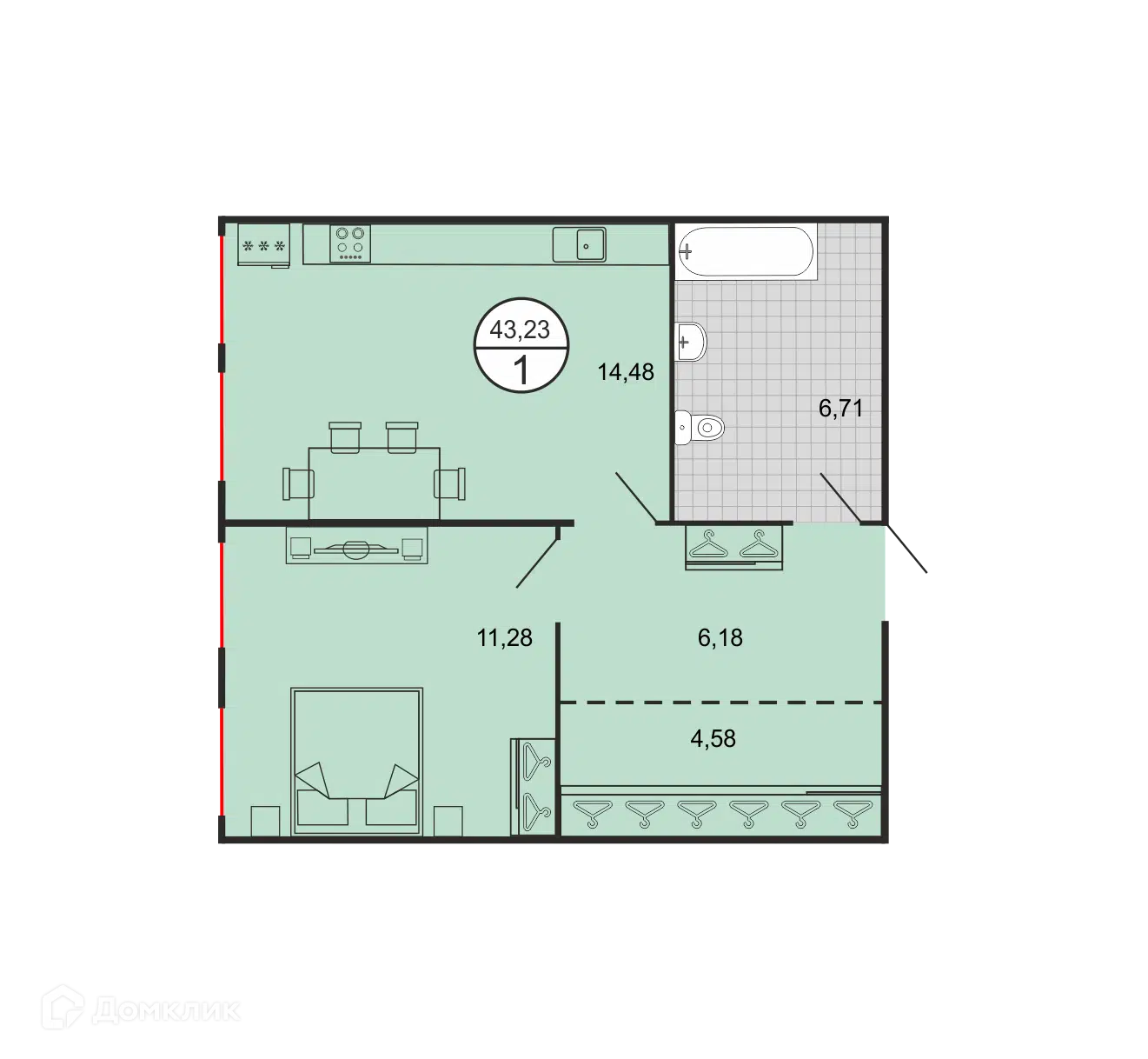 Планировка: 1-комн. квартира 43.23 м² в новостройке Дыхание