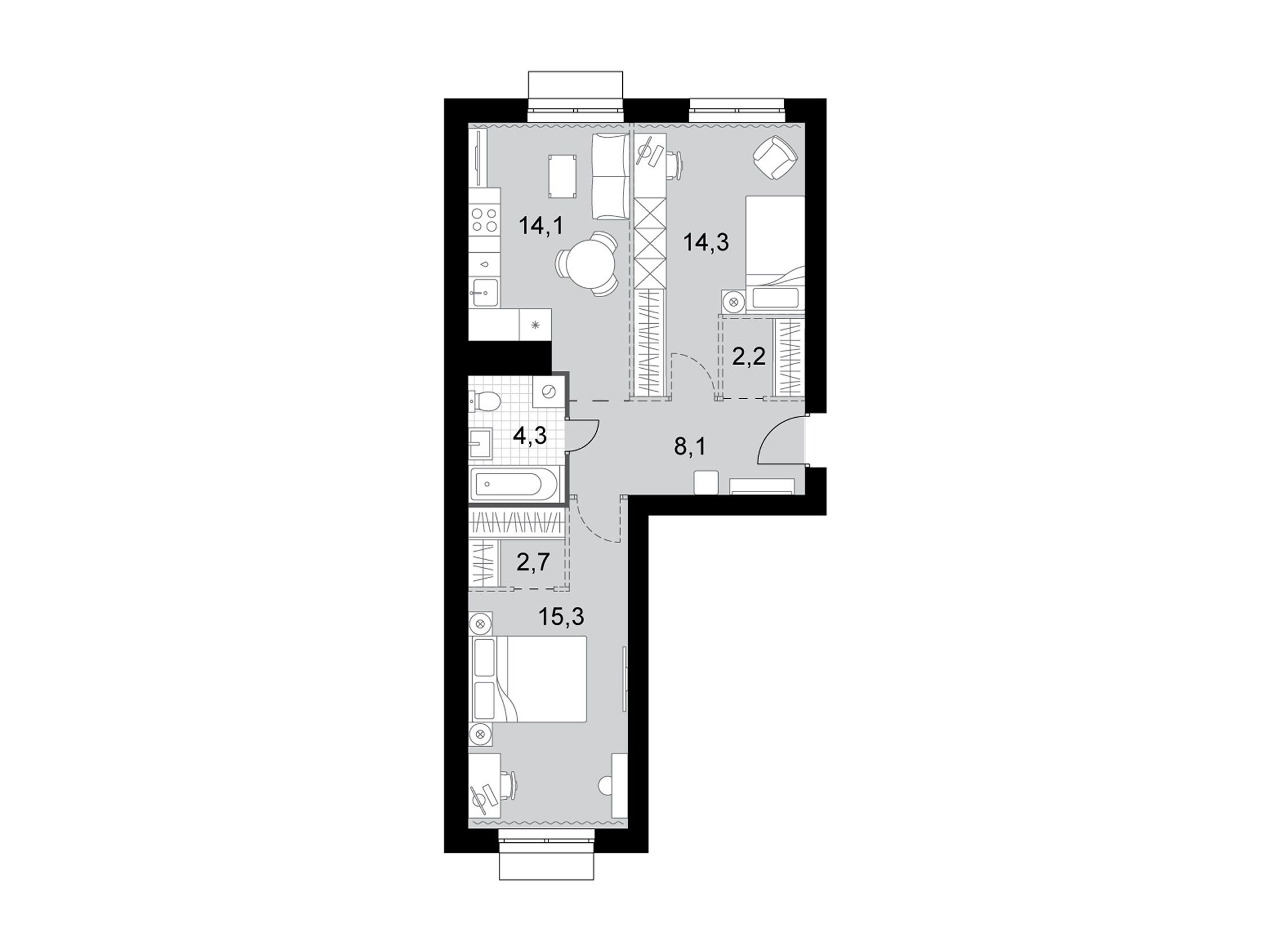 Планировка: 2-комн. квартира 61.00 м² в новостройке Дубровицы клаб