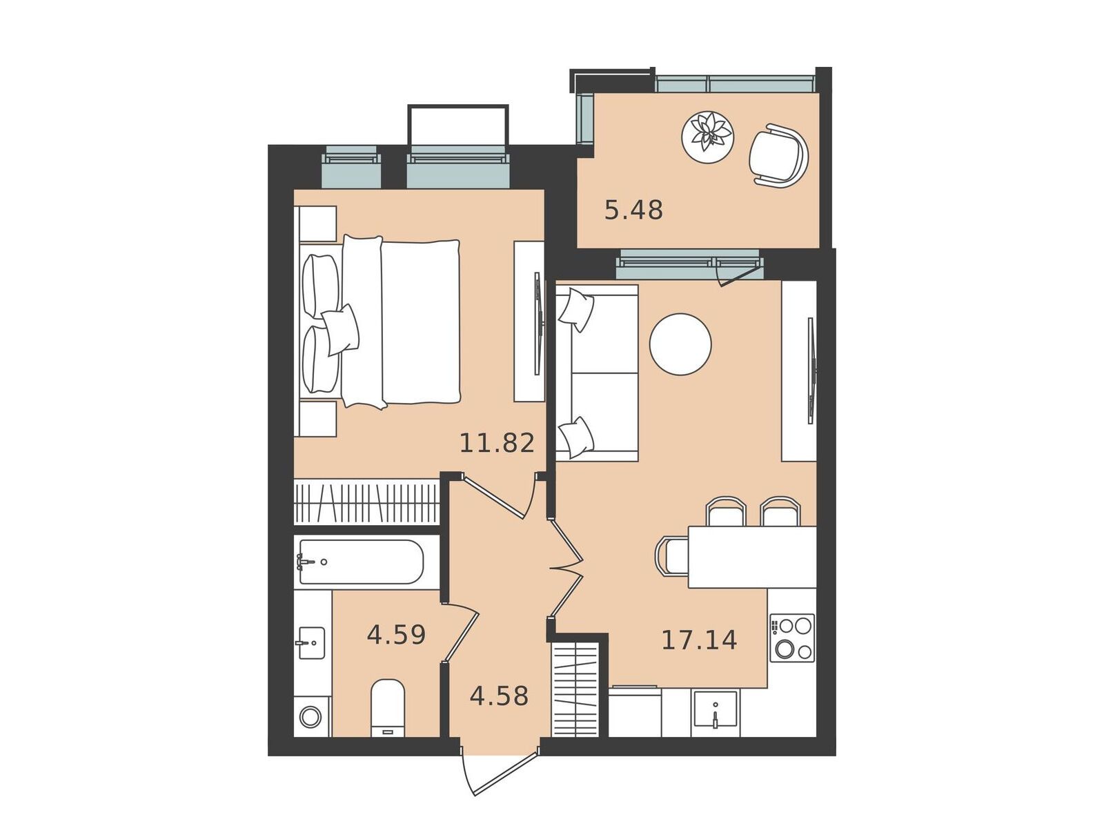 Планировка: 1-комн. квартира 40.87 м² в новостройке Мишино-2